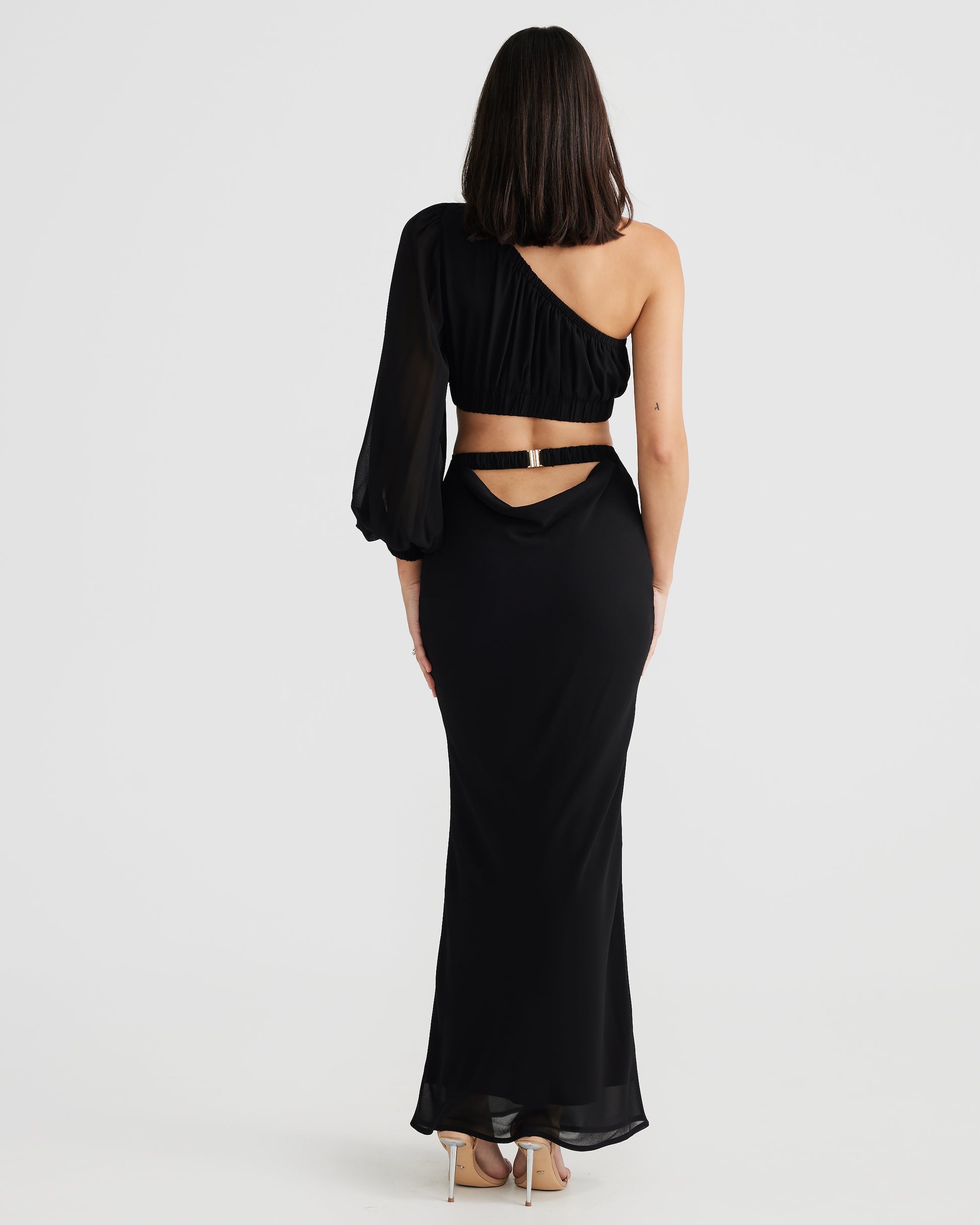 MÉLANI The Label EBONI SET Black Chiffon One Shoulder Two-Piece Set