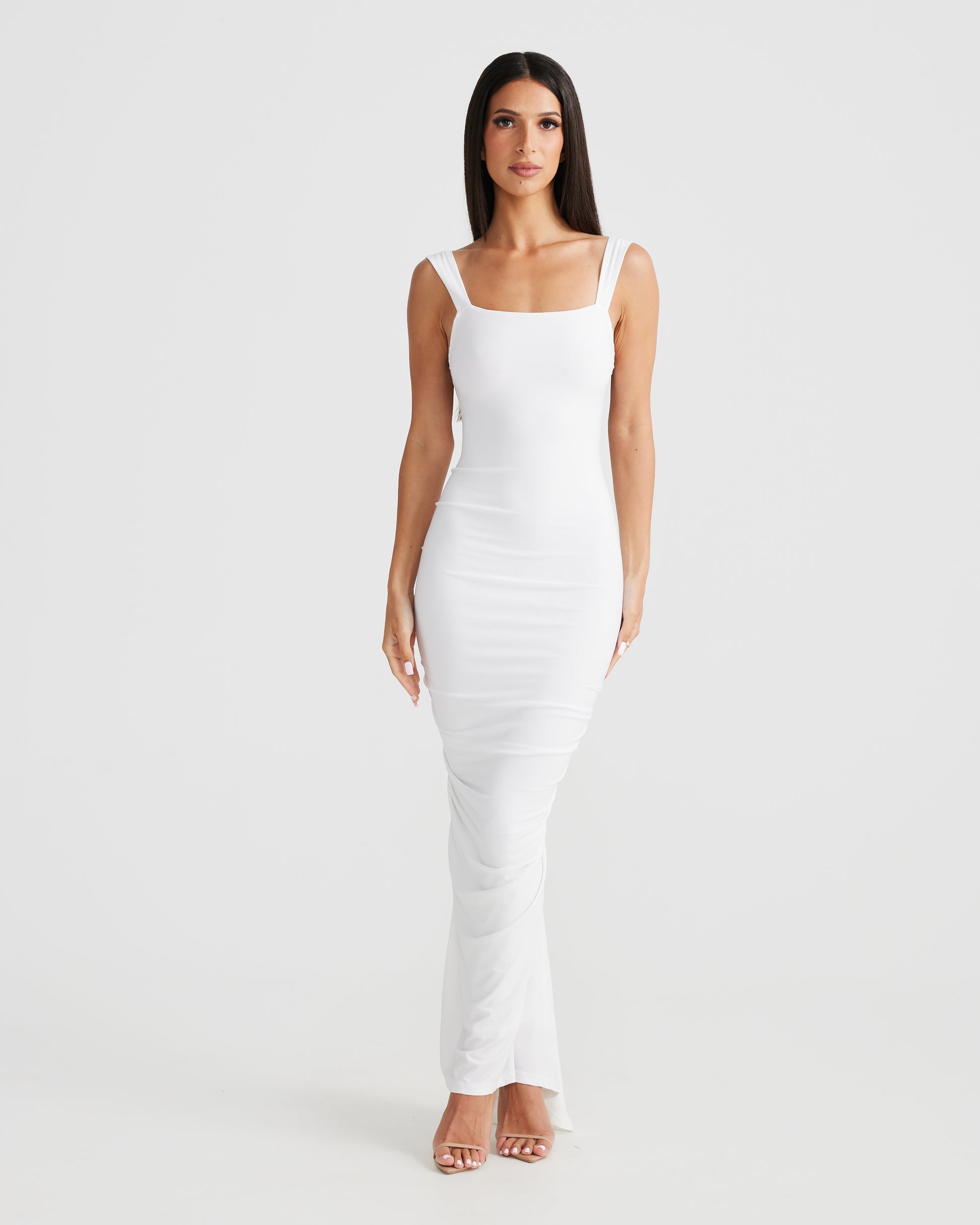 MÉLANI The Label SABIA White Ruched Bum Backless Dress