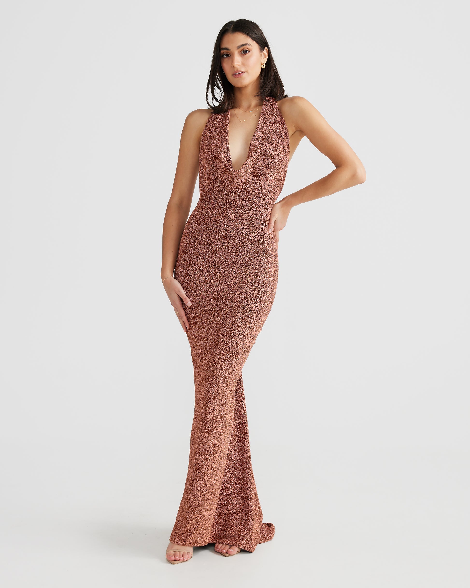 MÉLANI The Label MARIA Bronze Gold Foil Cowl Neck Open Back Dress