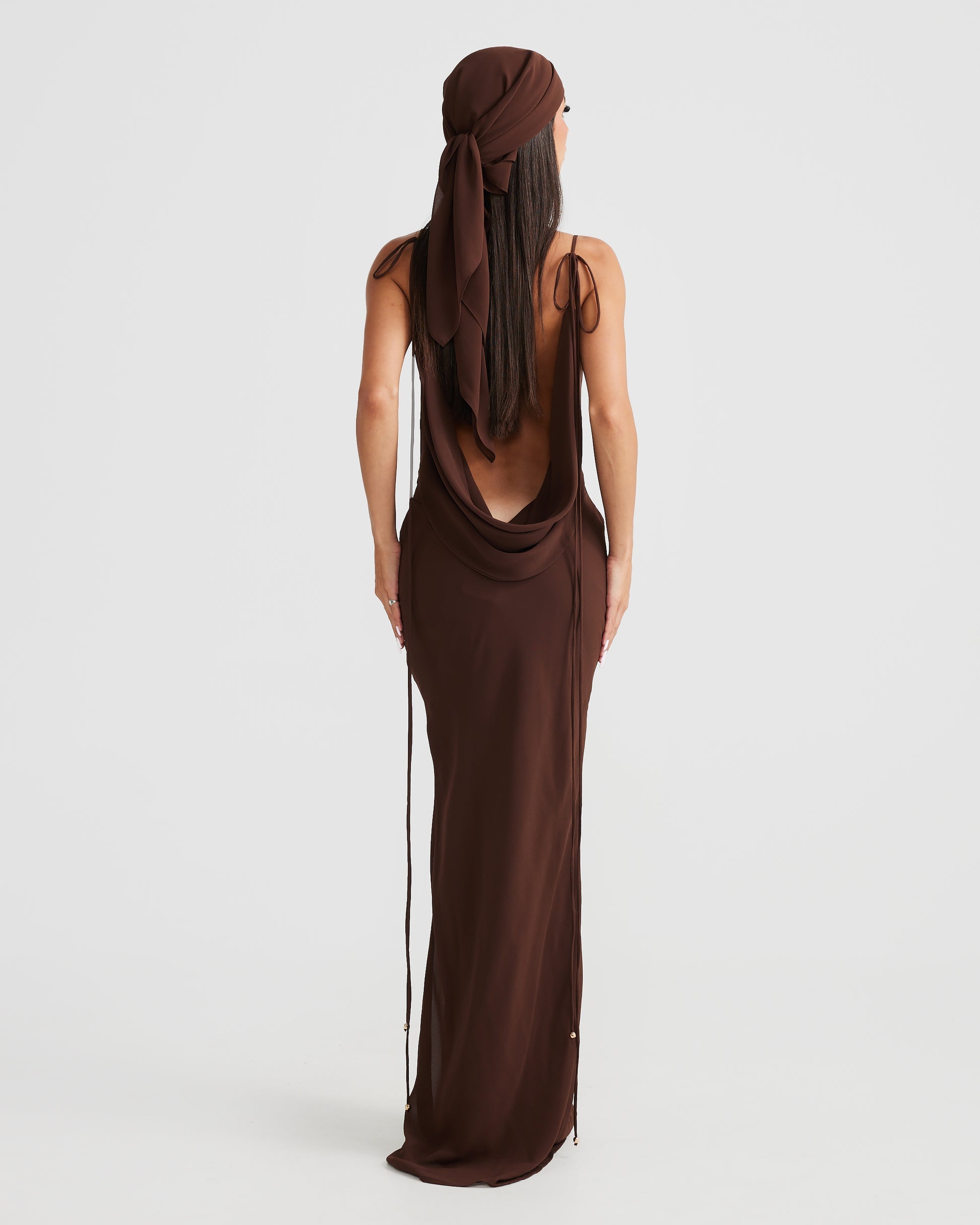 MÉLANI The Label AMALI Brown Cowl Neck Chiffon Backless Dress