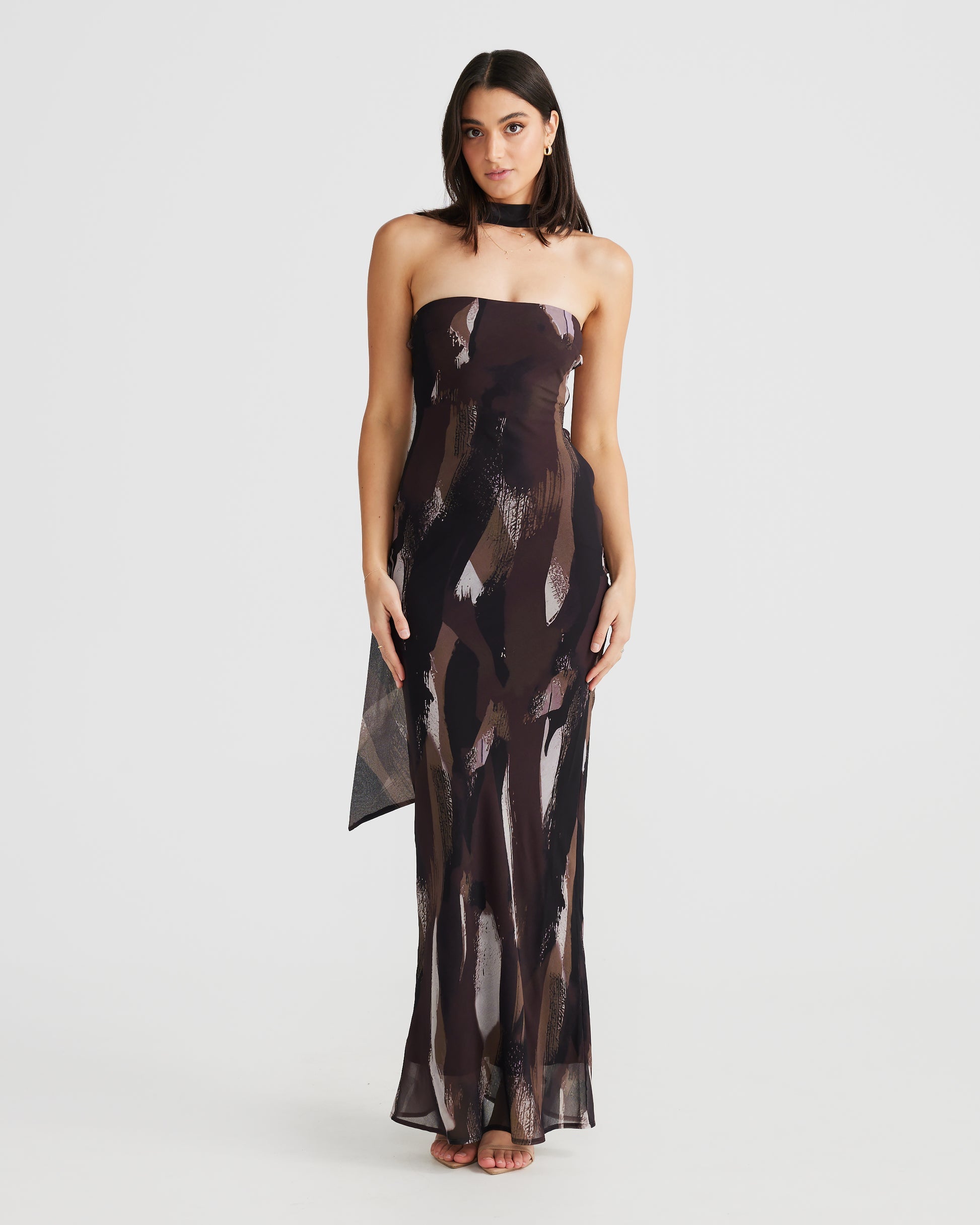 MÉLANI The Label VIKTORIA Unbound Print Strapless Chiffon Backless Dress