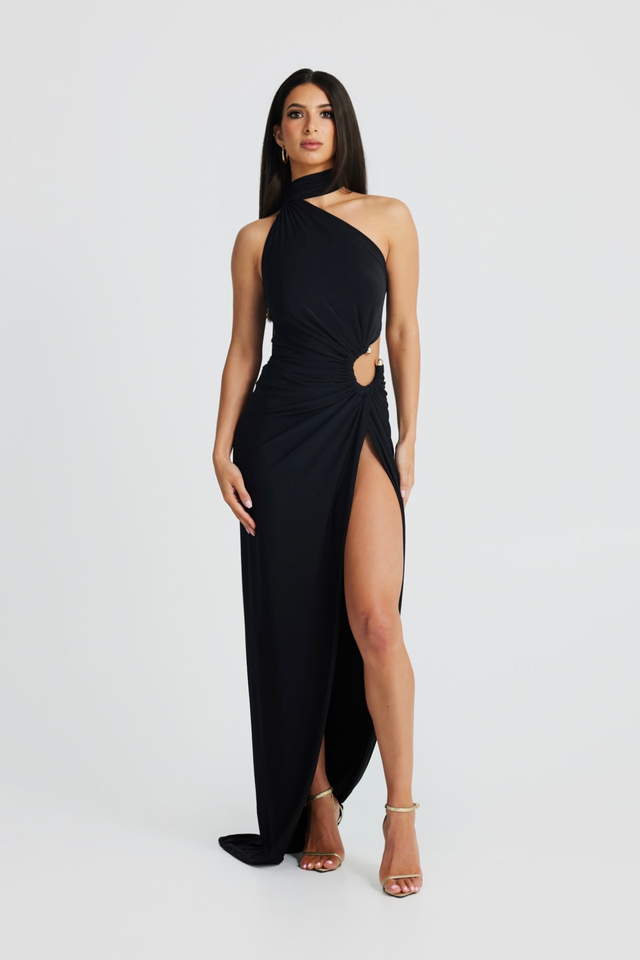 MÉLANI The Label BIANKA Black Cut Out Leg Split Form Fitted Dress