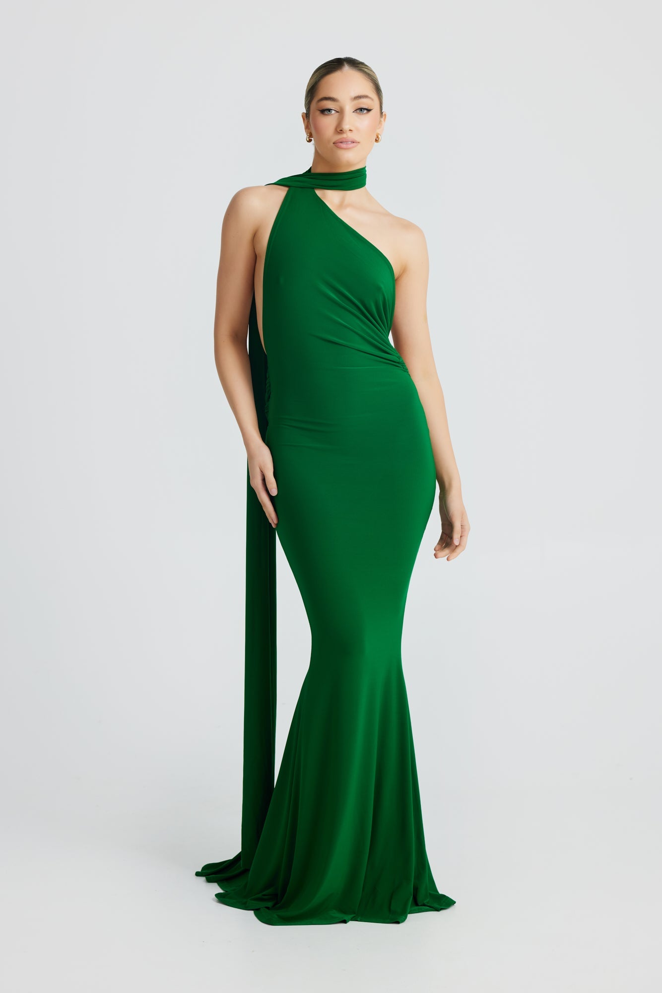 MÉLANI The Label SOFIA Green Asymmetric Backless Form Fitted Dress
