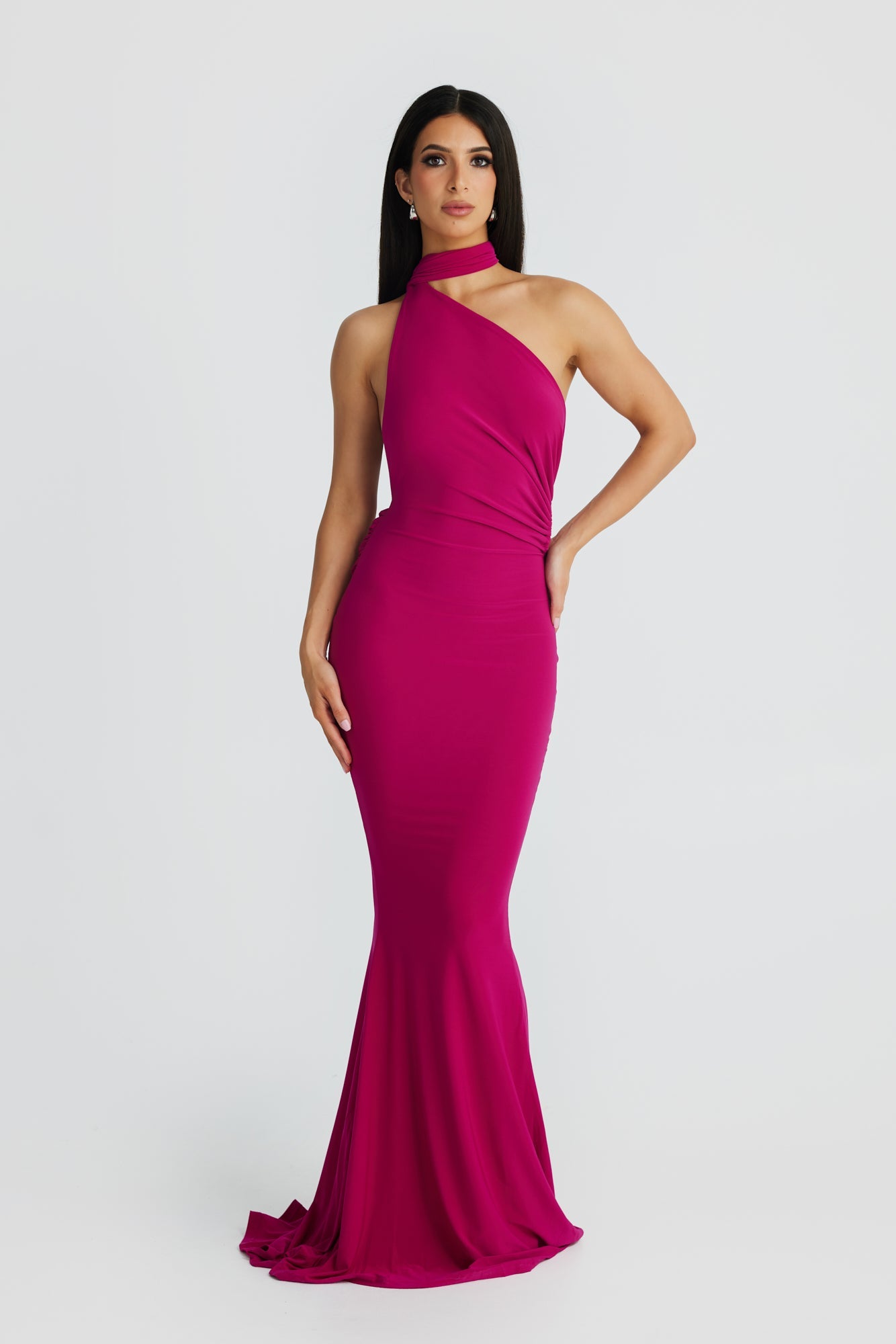 MÉLANI The Label SOFIA Deep Berry Asymmetric Backless Form Fitted Dress