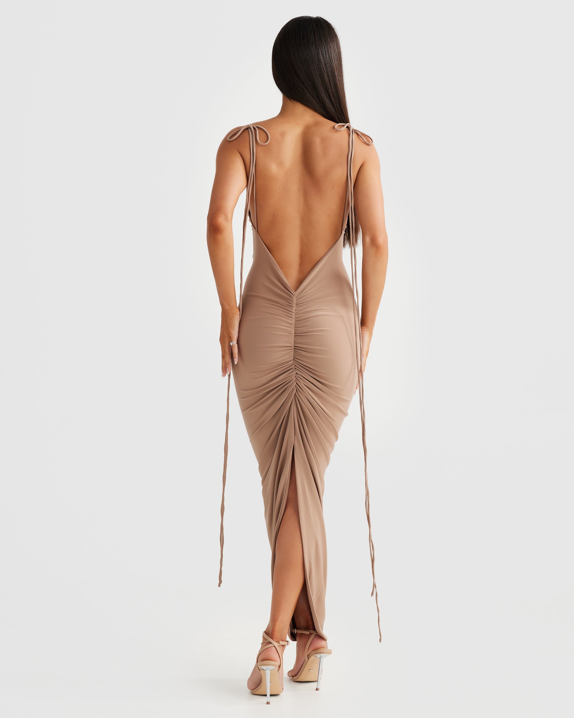 MÉLANI The Label CLEO Latte Bum Ruched Backless Dress