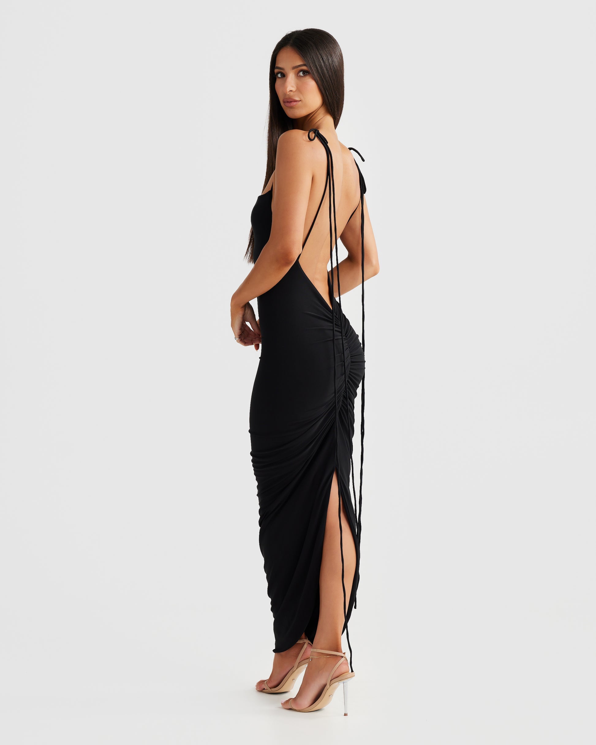 MÉLANI The Label CLEO Black Bum Ruched Backless Dress