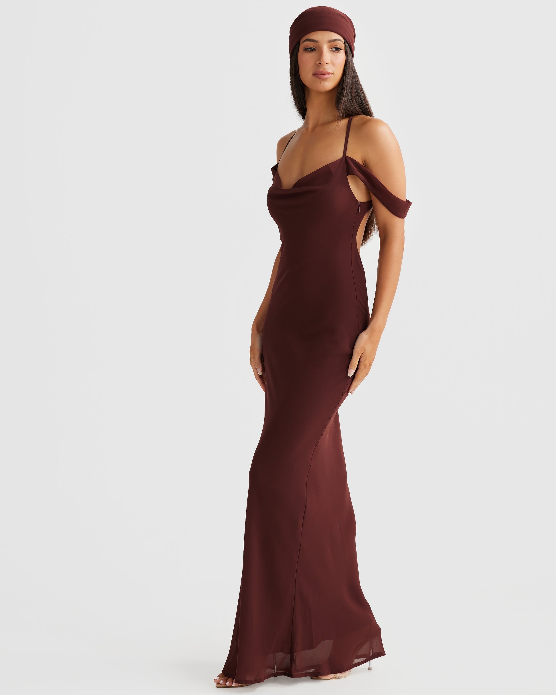 MÉLANI The Label VIENNA Brown Low Back Chiffon Maxi Dress