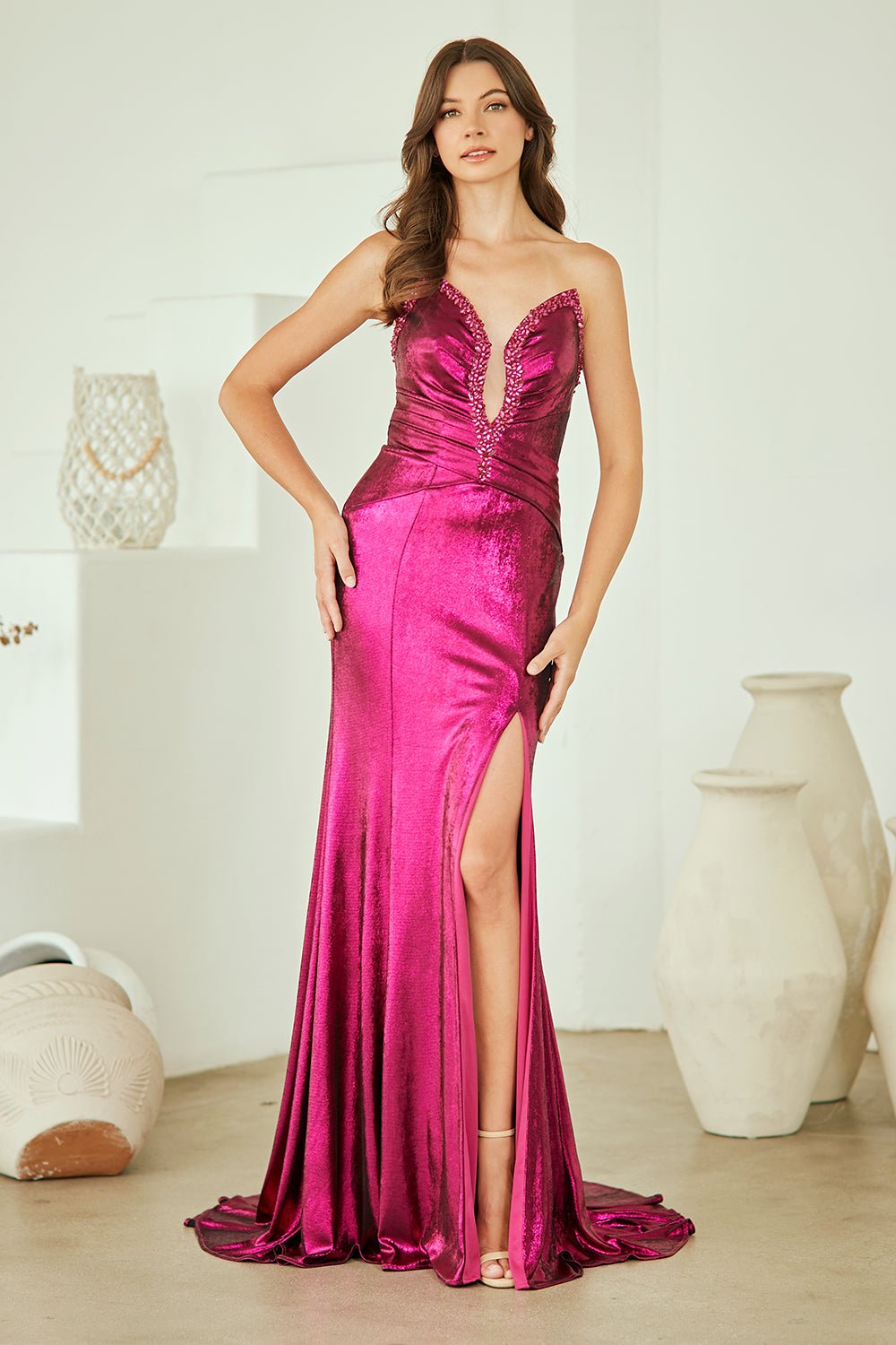 Strapless Long Metallic Prom Dress with Beaded V-Neck Magenta / 2