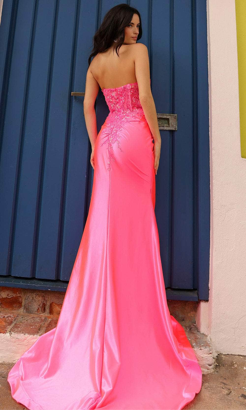 VEGA Neon Pink Lace Corset Bustier Silky Mermaid Formal Dress