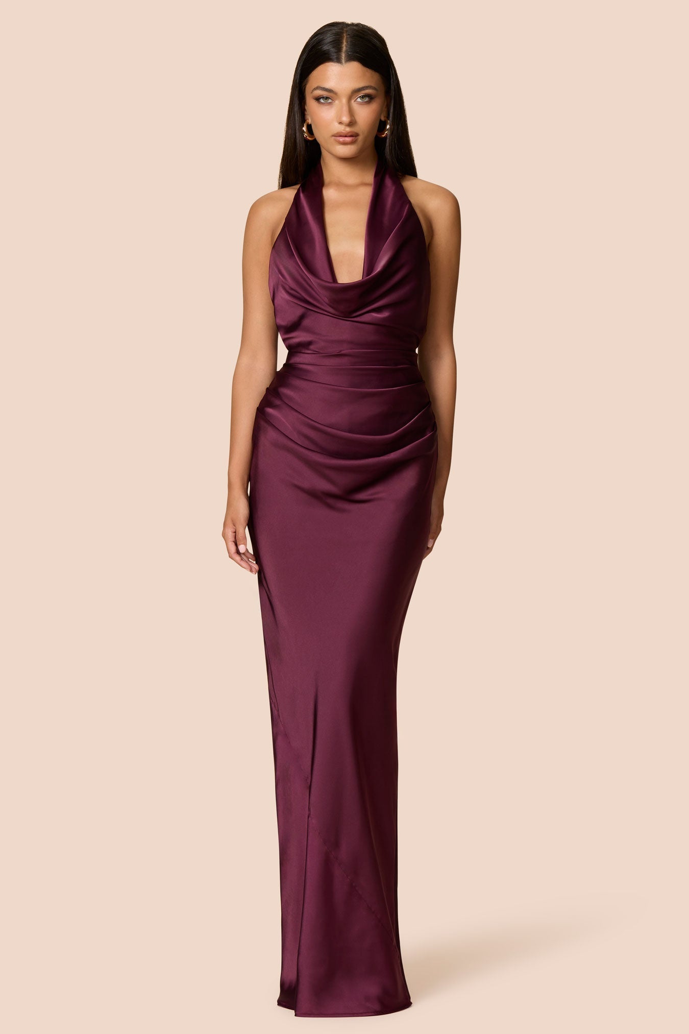 NOOKIE PENELOPE Satin Halterneck Drape Semi Formal Gown