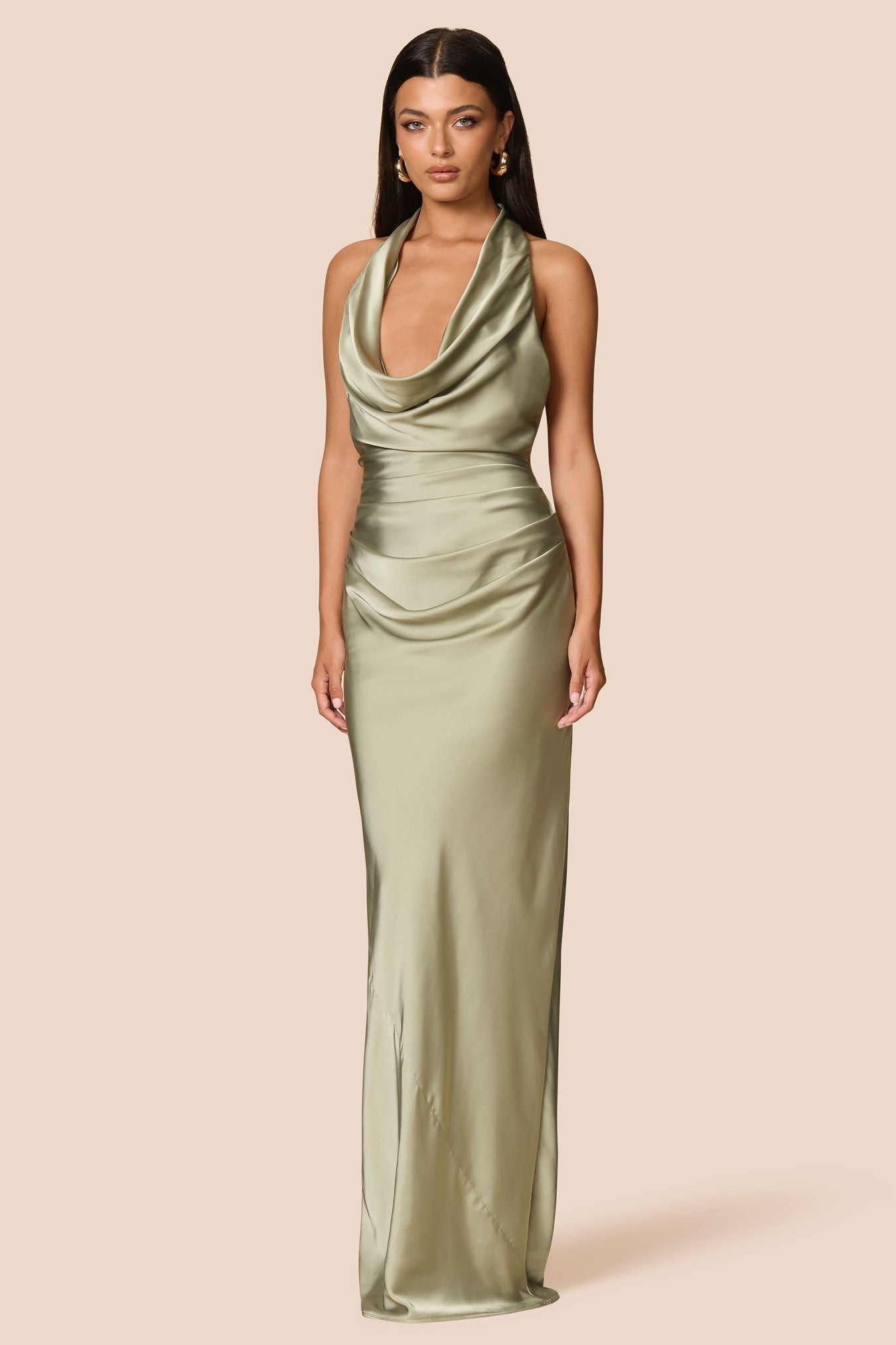 NOOKIE PENELOPE Satin Halterneck Drape Semi Formal Gown