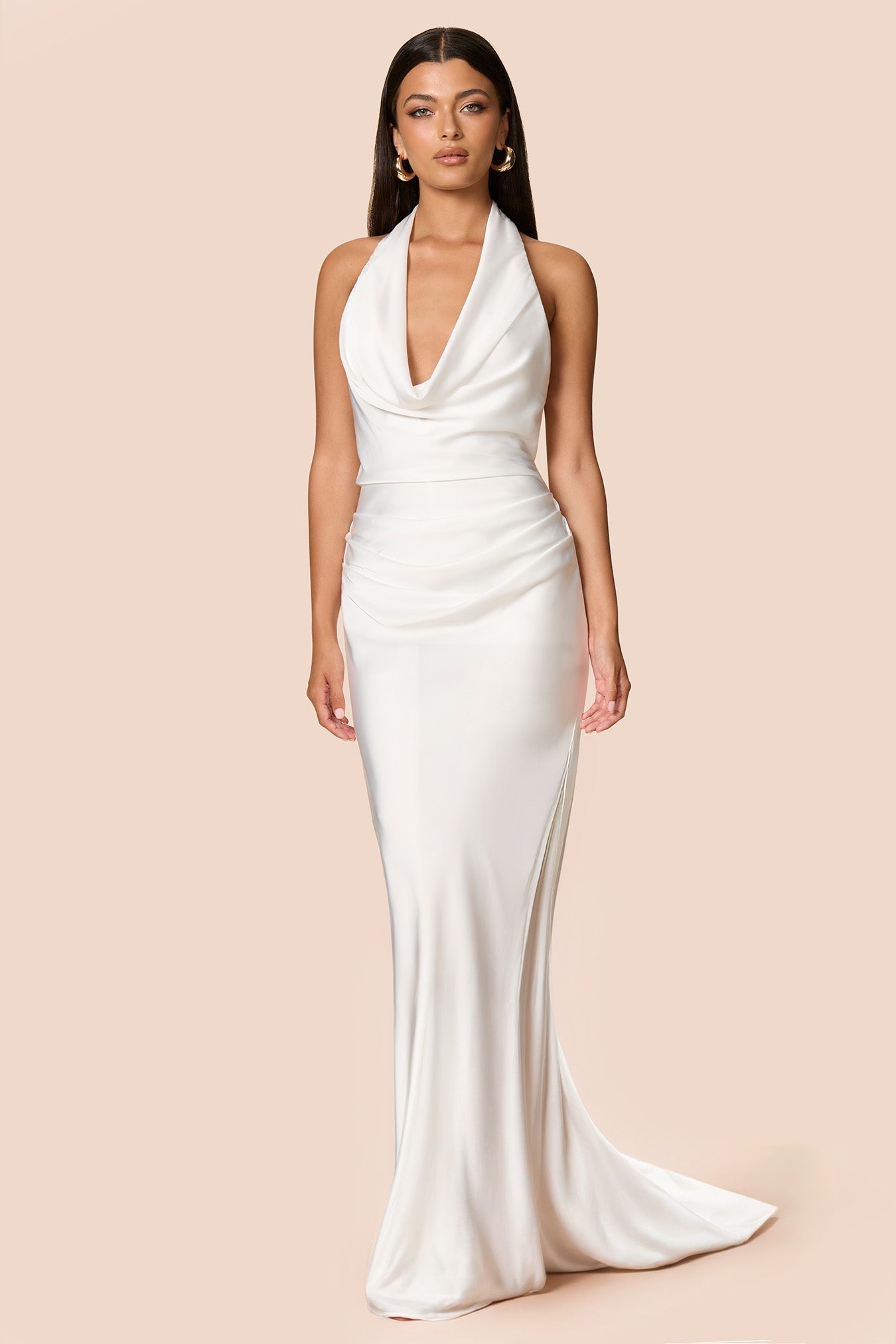 NOOKIE PENELOPE Satin Halterneck Drape Formal Gown with Train