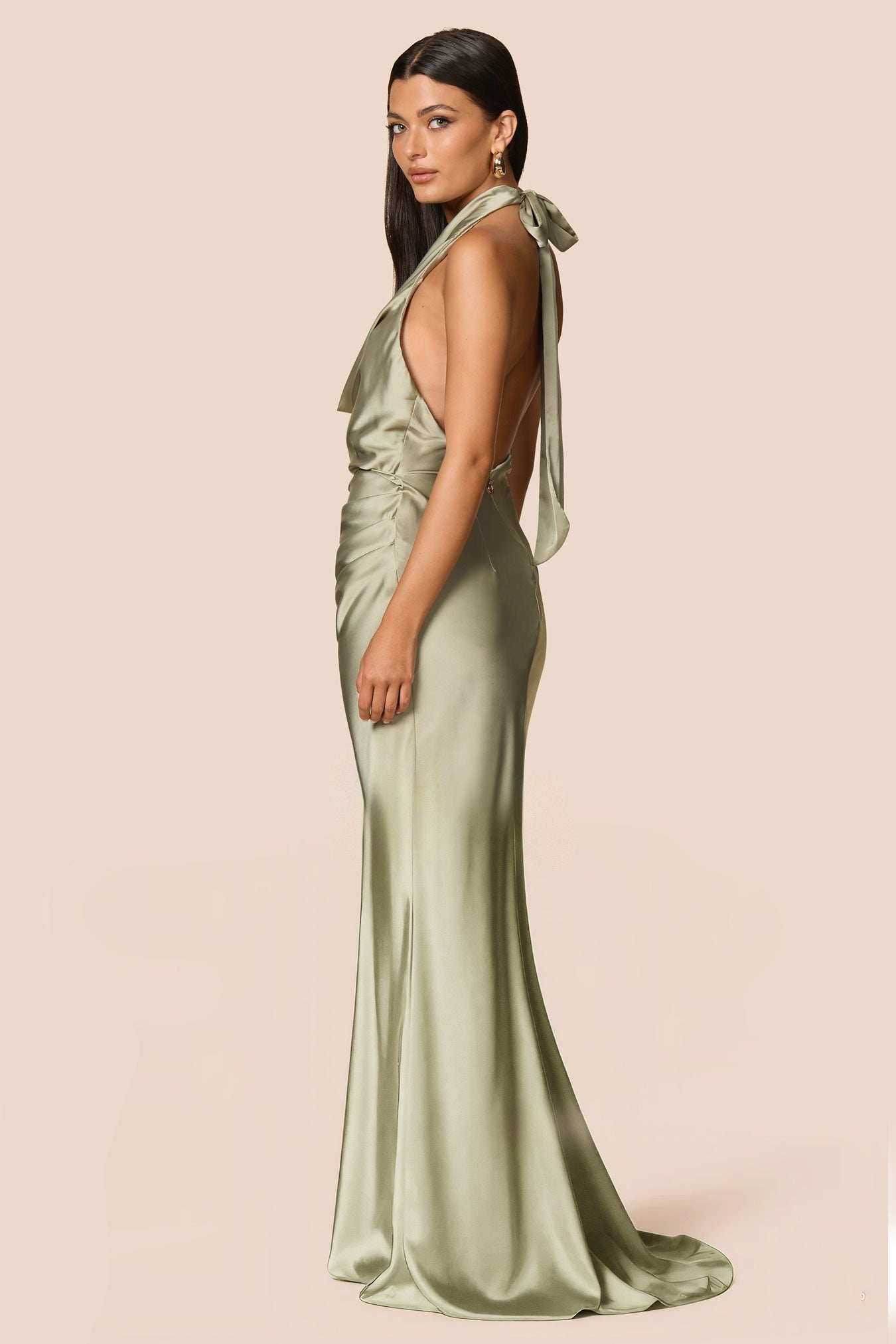 NOOKIE PENELOPE Satin Halterneck Drape Formal Gown with Train