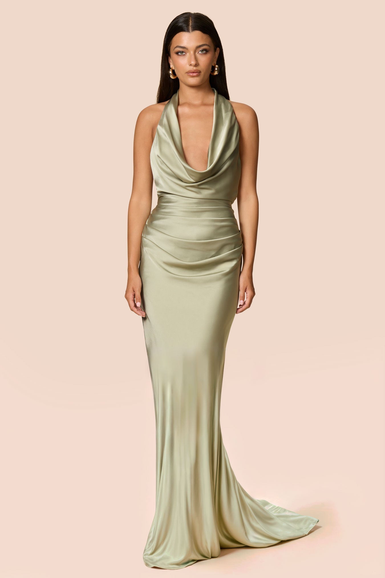 NOOKIE PENELOPE Satin Halterneck Drape Formal Gown with Train