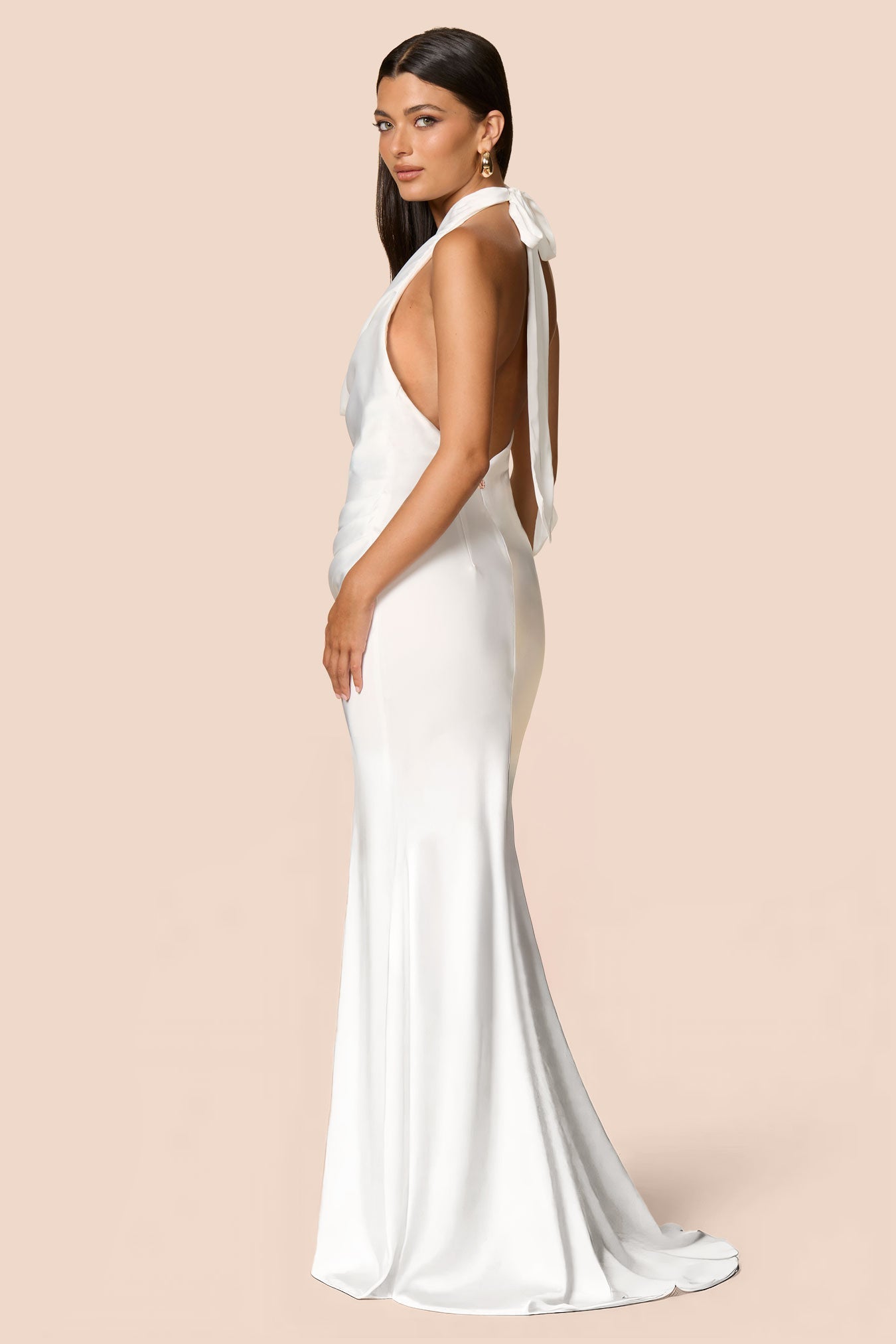 NOOKIE PENELOPE Satin Halterneck Drape Formal Gown with Train