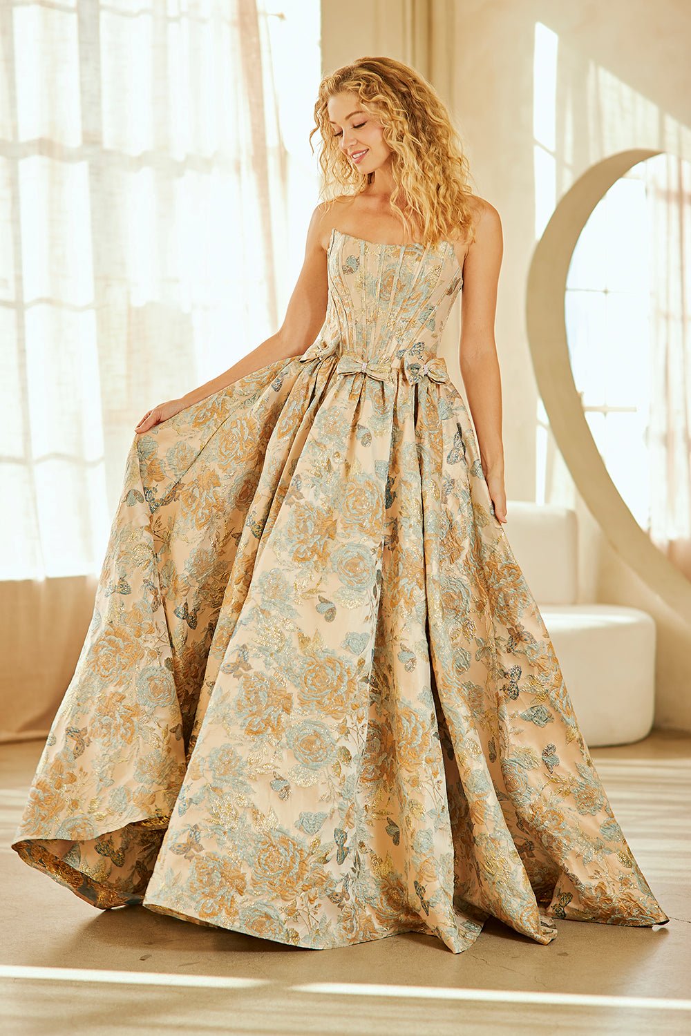 SASKI Brocade Strapless A - Line Prom & Formal Ball Gown in Australia | One Honey Boutique