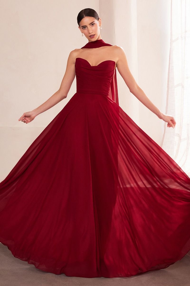 EVELISSE Strapless Chiffon Neck Sash Bridesmaid Formal Dress