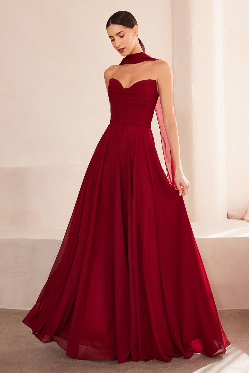EVELISSE Strapless Chiffon Neck Sash Bridesmaid Formal Dress