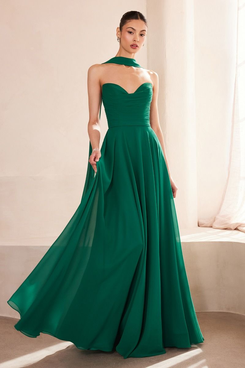 EVELISSE Strapless Chiffon Neck Sash Bridesmaid Formal Dress