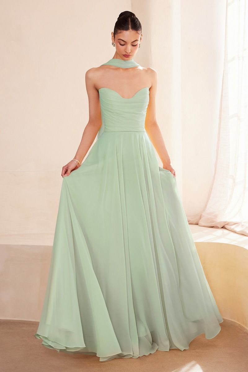 EVELISSE Strapless Chiffon Neck Sash Bridesmaid Formal Dress