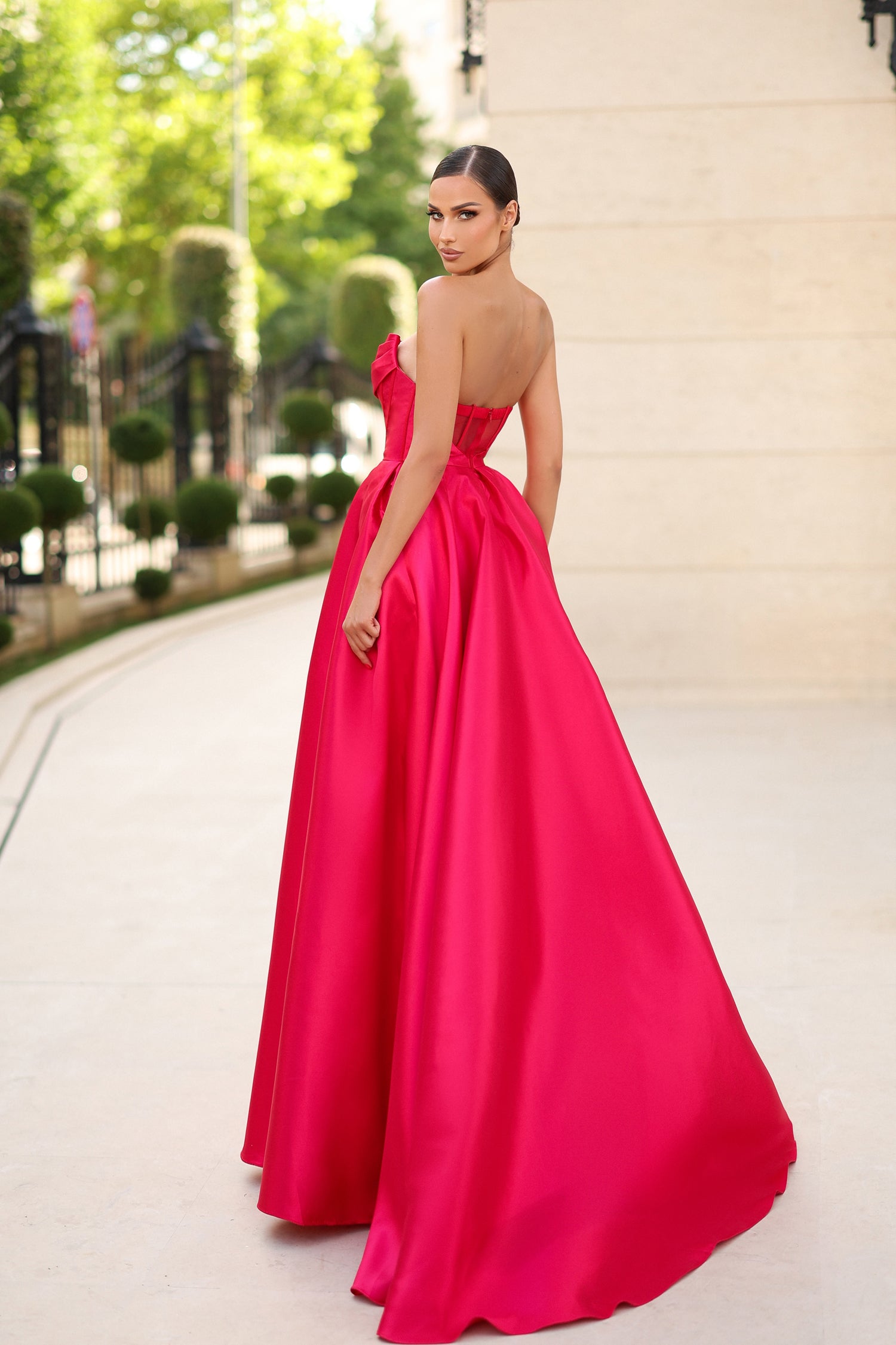 TINA HOLLY COUTURE TK241F strapless Mikado satin ball gown in vibrant pink, perfect prom gown. Brisbane to Gold Coast, Australia.