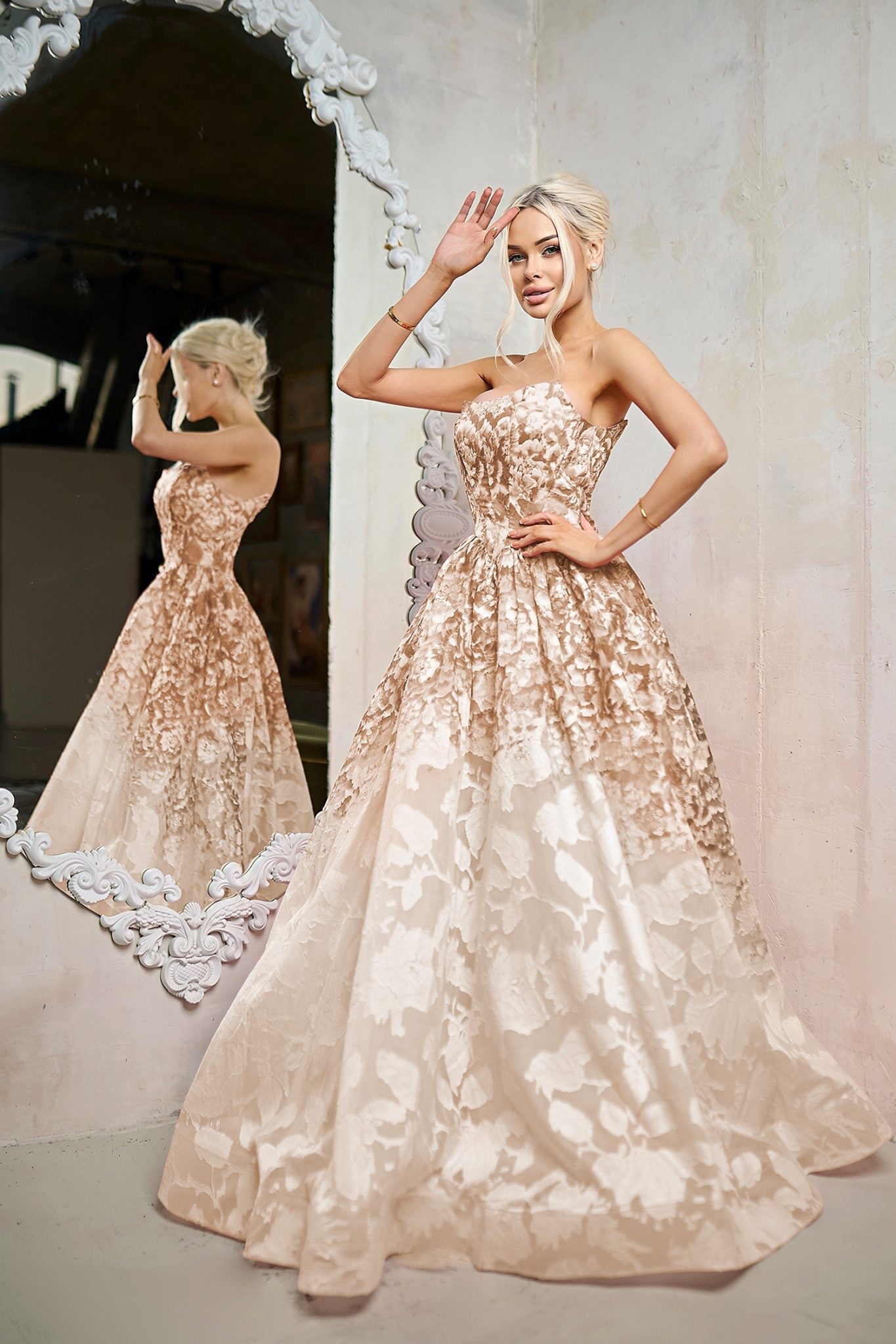 TINA HOLLY TW624 ROSALYN Organza Jacquard A - Line Formal Dress in Australia | One Honey Boutique