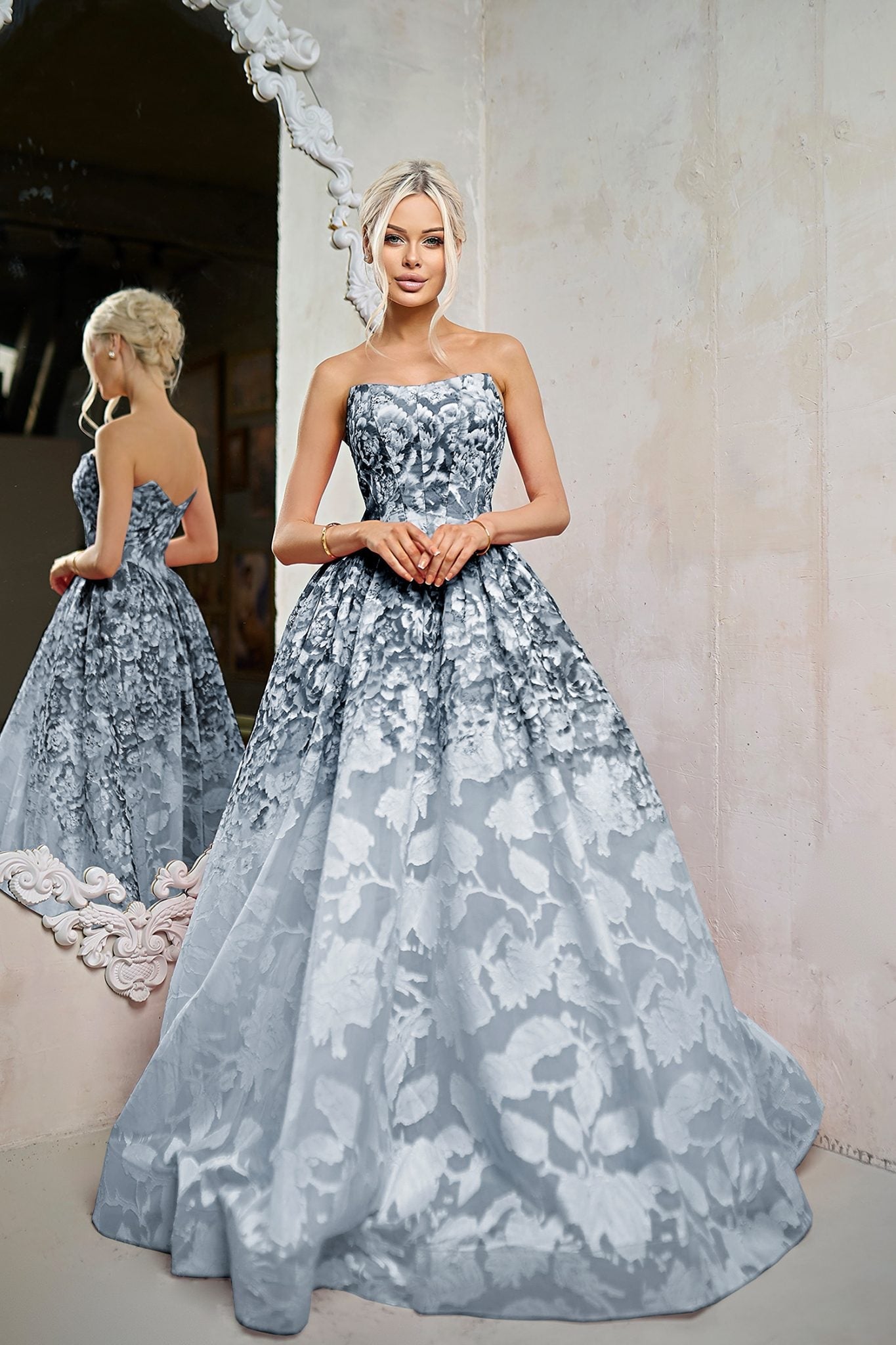 TINA HOLLY TW624 ROSALYN Organza Jacquard A - Line Formal Dress in Australia | One Honey Boutique