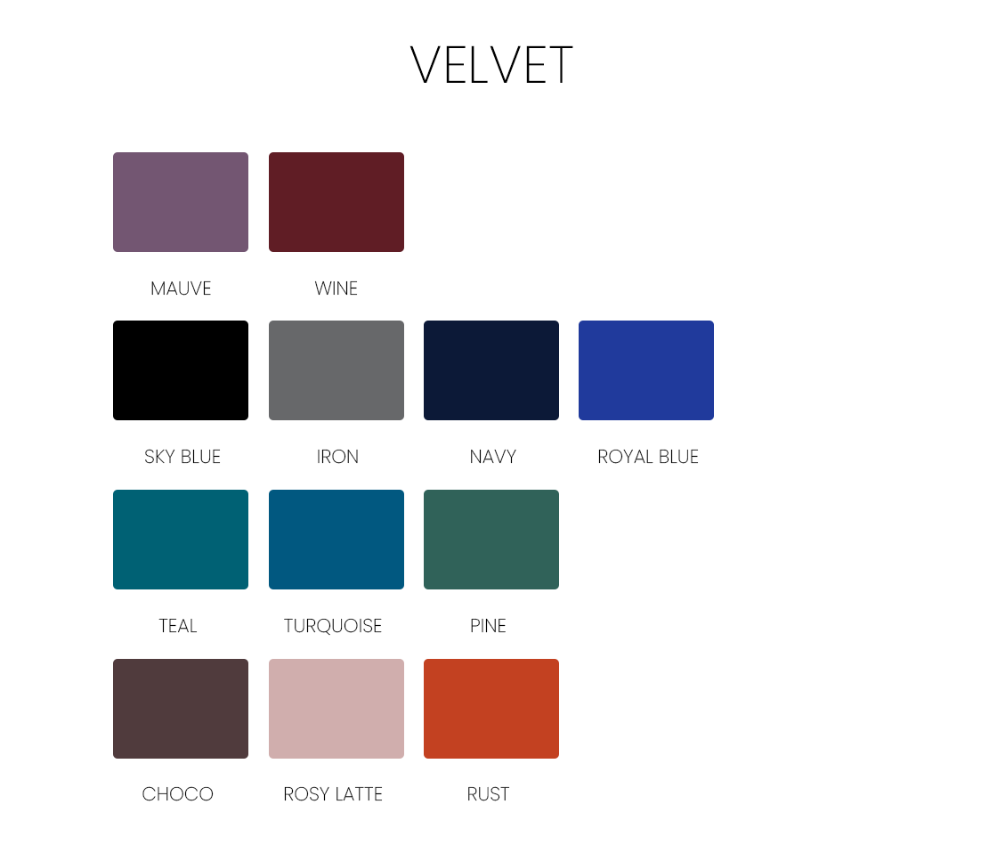 Swatch palette showing velvet colors: mauve, wine, sky blue, iron, navy, royal blue, teal, turquoise, pine, choco, rosy latte, rust.