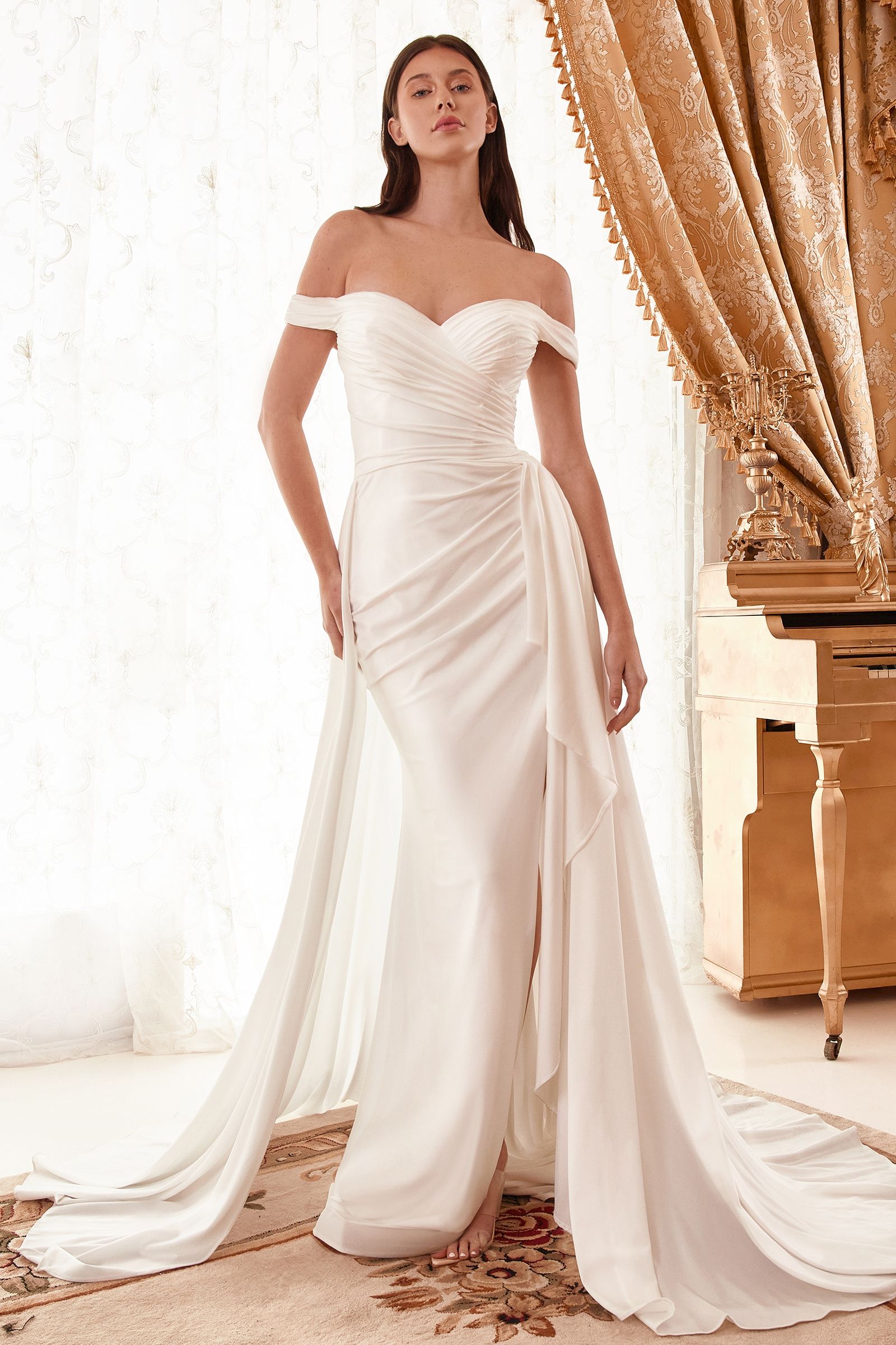 Divinity Bridal KATYA Draped Off Shoulder Classic White Satin Overskirt Wedding Dress