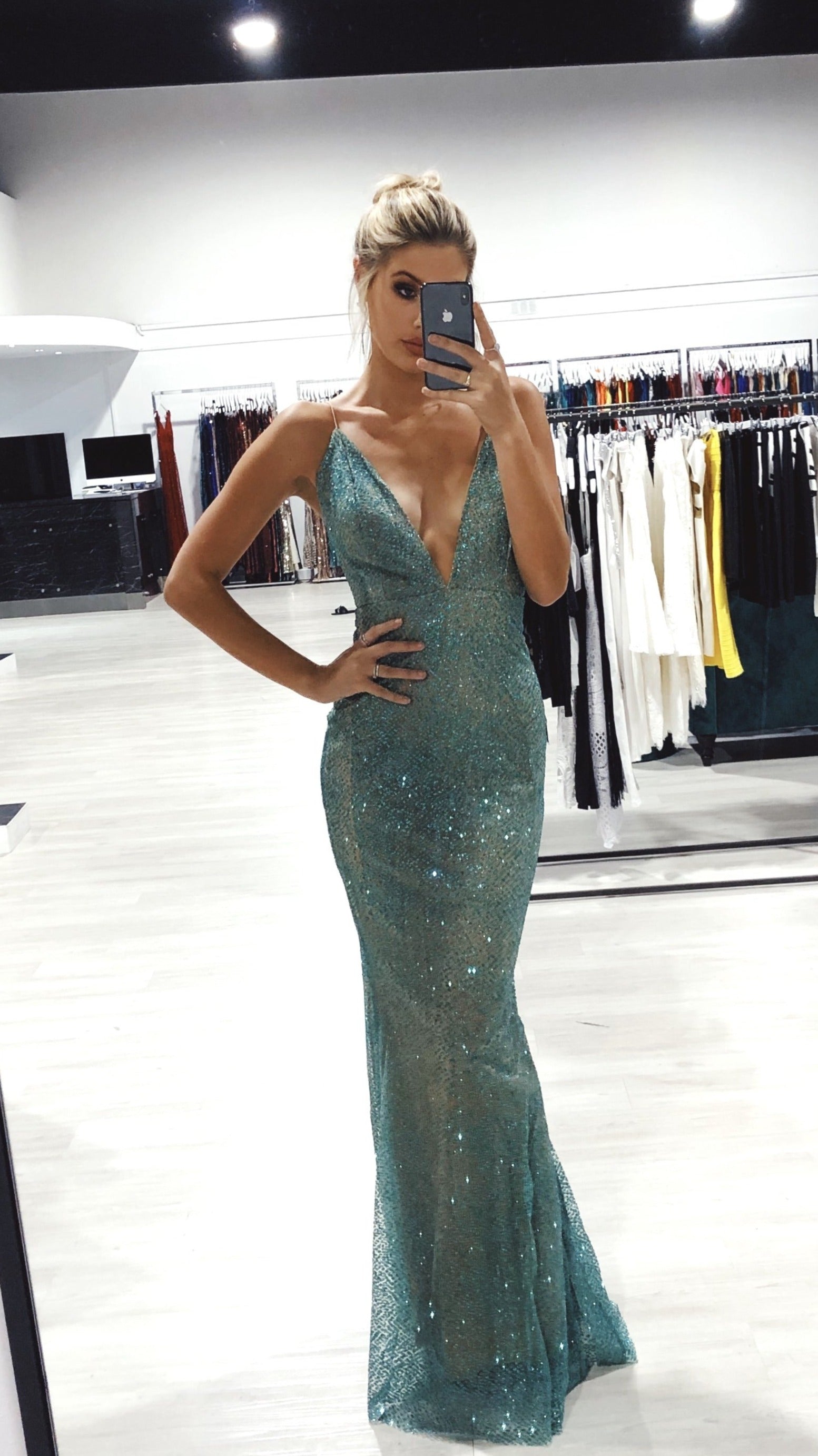 Honey Couture THESSY Green Mermaid Sequin Formal Gown Dress Honey Couture$ AfterPay Humm ZipPay LayBuy Sezzle
