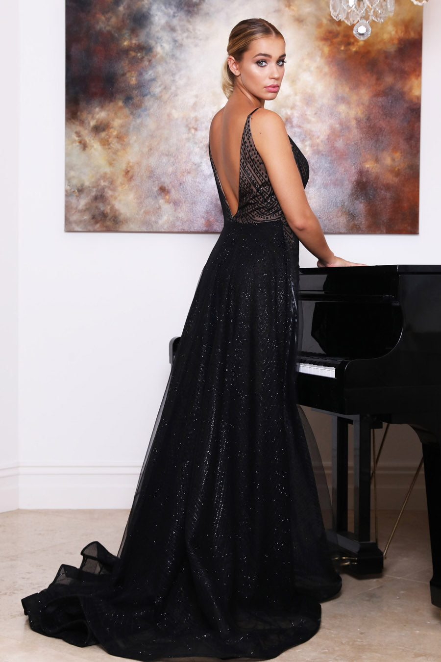 Tinaholy Couture T1844 Black Glitter Drape Mermaid Formal Gown Prom Dress {vendor} AfterPay Humm ZipPay LayBuy Sezzle