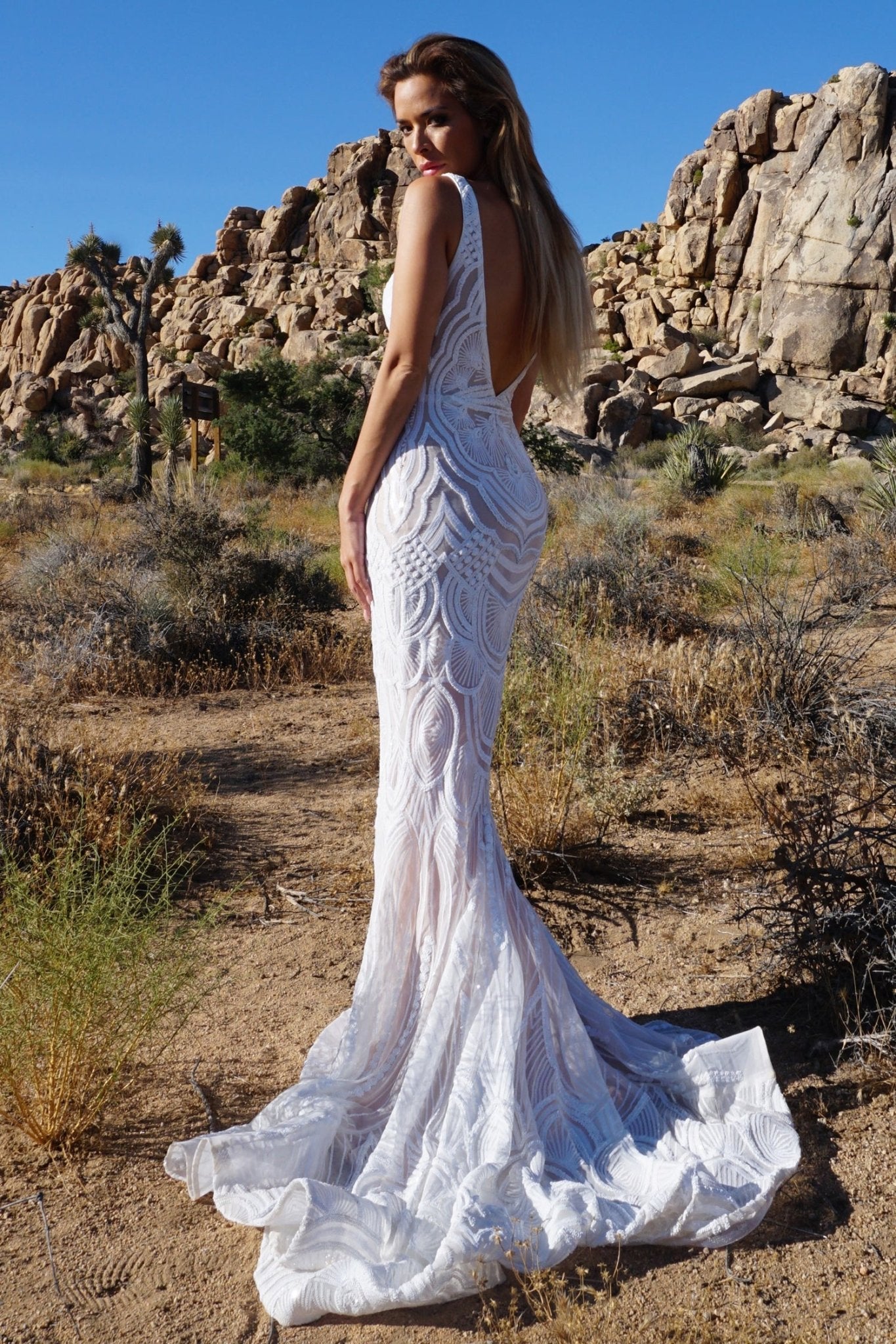 Tina Holly Couture Picasso P1732 White & Nude Sequin Mermaid Formal Gown Dress in Australia | One Honey Boutique