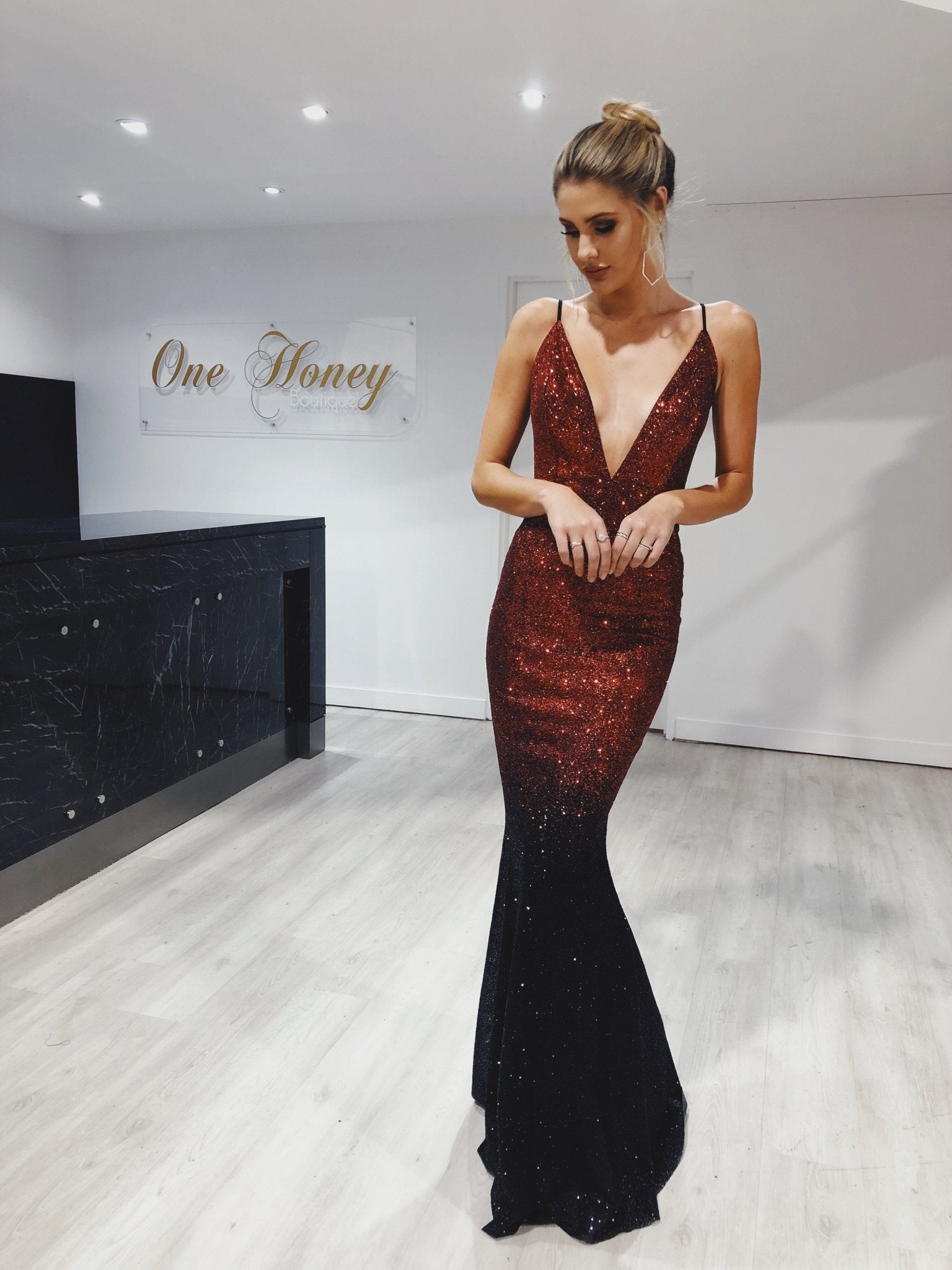 Honey Couture ELECTRA Black & Red Ombre Glitter Formal Gown Dress in Australia | One Honey Boutique