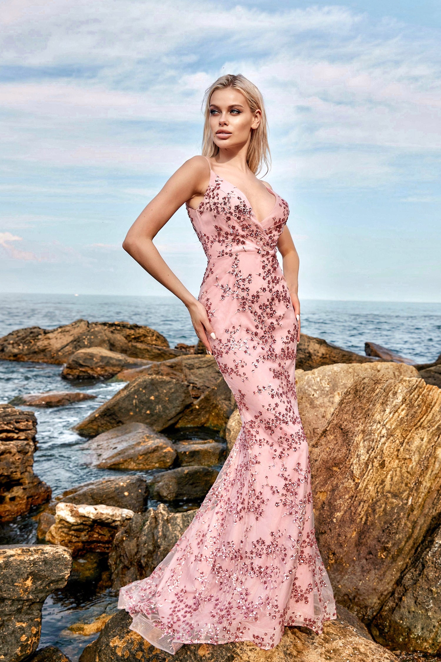 Tina Holly Couture Designer TW049 Tea Rose Pink Beaded Sequin Mermaid Formal Gown
