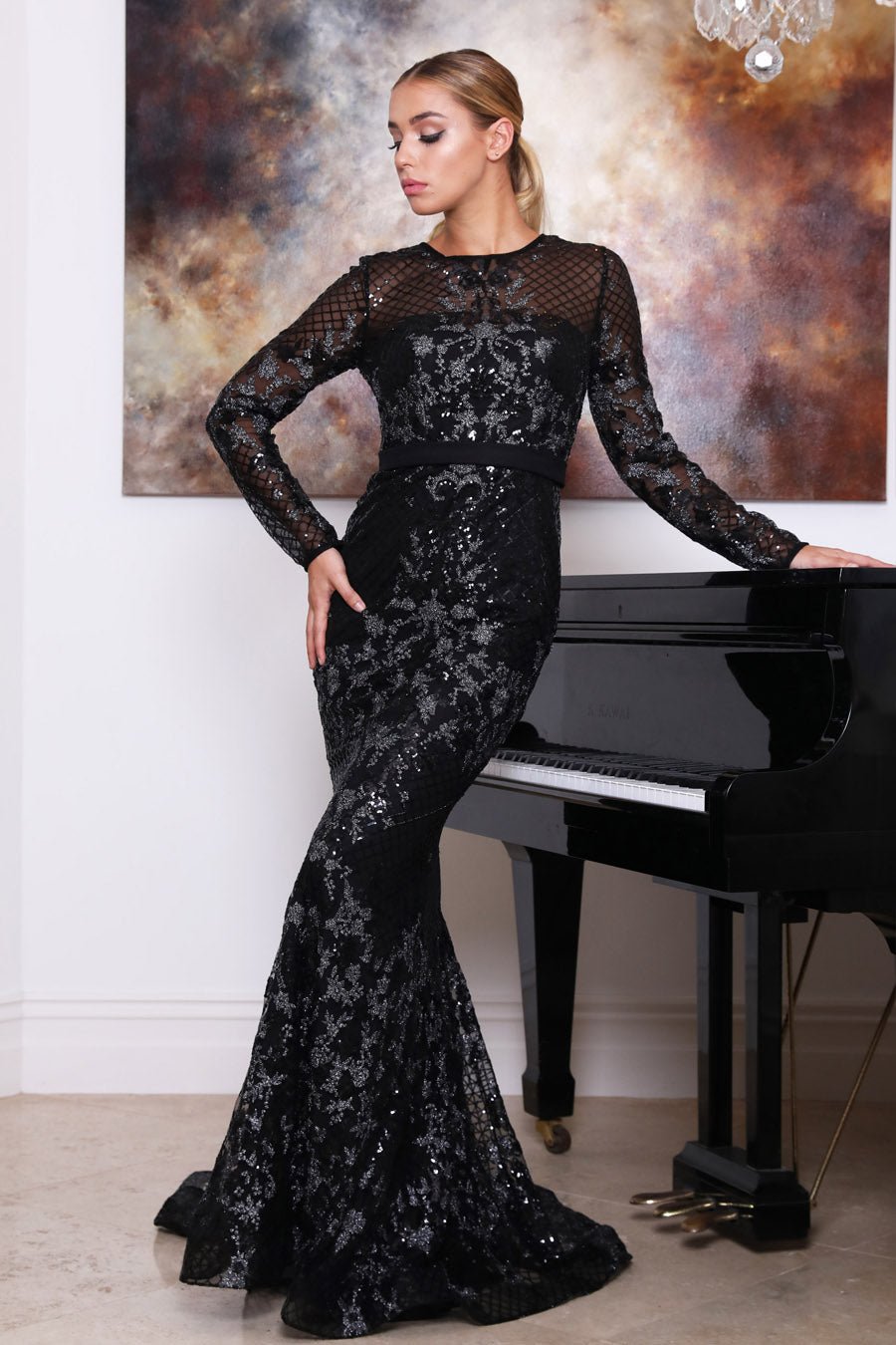 Evening Gown Black Long Sleeve Fishtail Dress 0-Neck High Waist