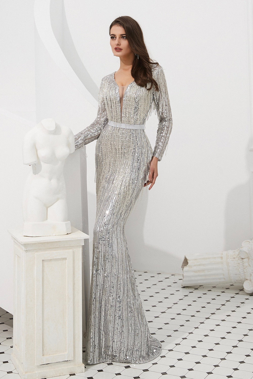 LOLA Silver Heavy Beaded Mesh Insert Long Sleeve Formal Gown Dress Private Label$ AfterPay Humm ZipPay LayBuy Sezzle