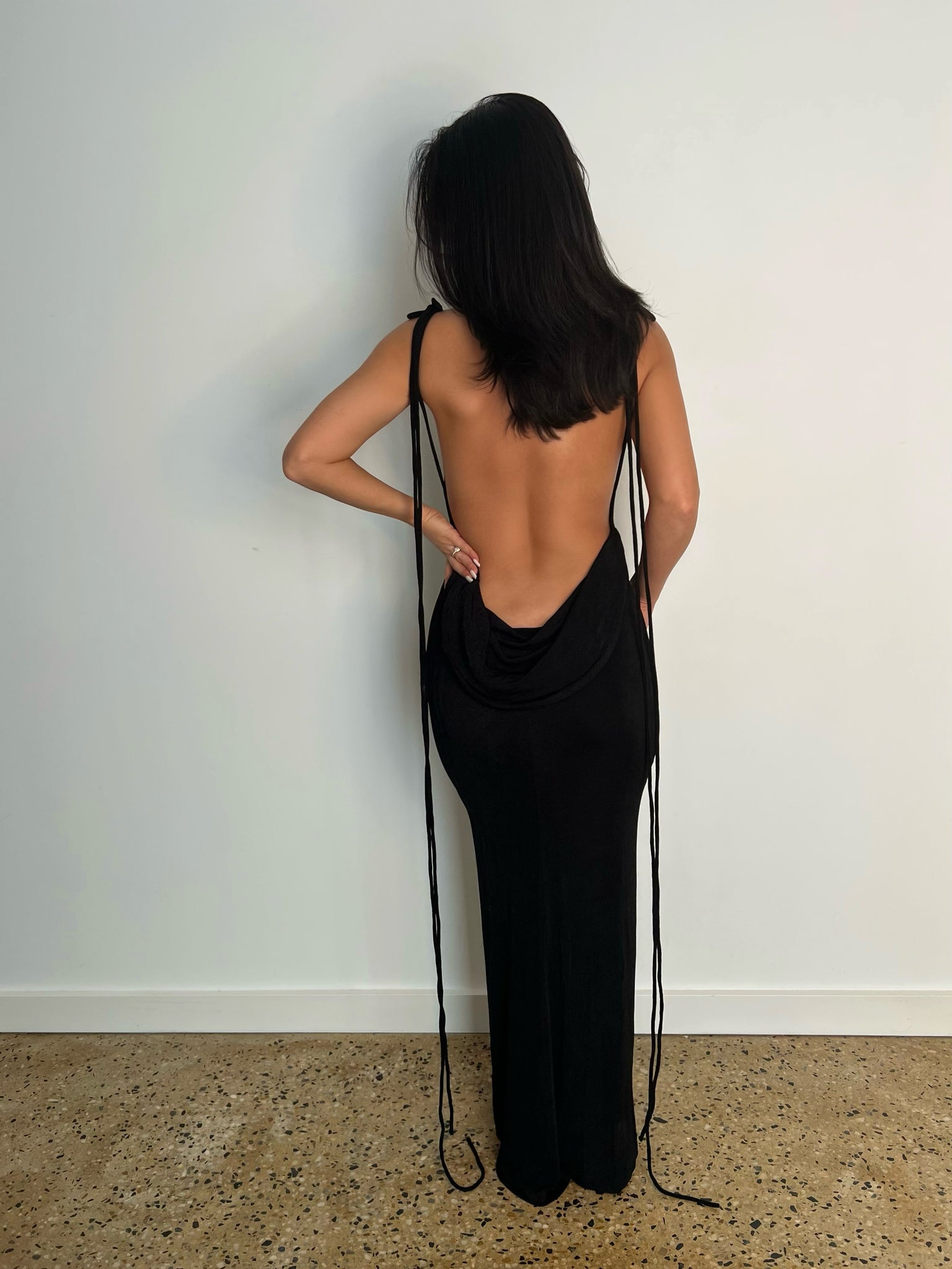 MÉLANI The Label CHRISTINA Drape Back Dress in Black