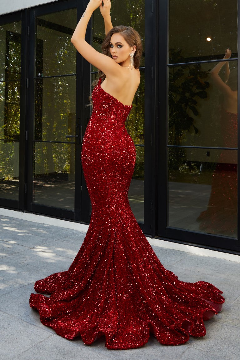 Portia & Scarlett PS21208 Red Strapless Sequin Mermaid Formal Gown
