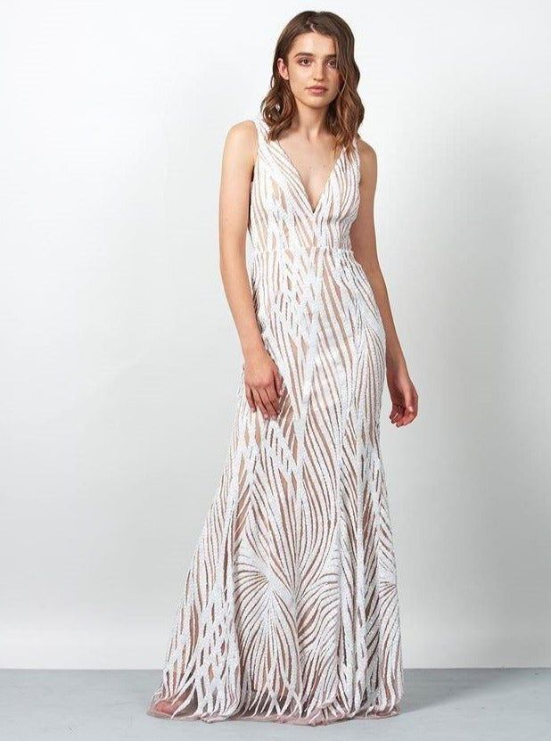 Honey Couture YASMIN White &amp; Nude Sequin Formal Gown {vendor} AfterPay Humm ZipPay LayBuy Sezzle