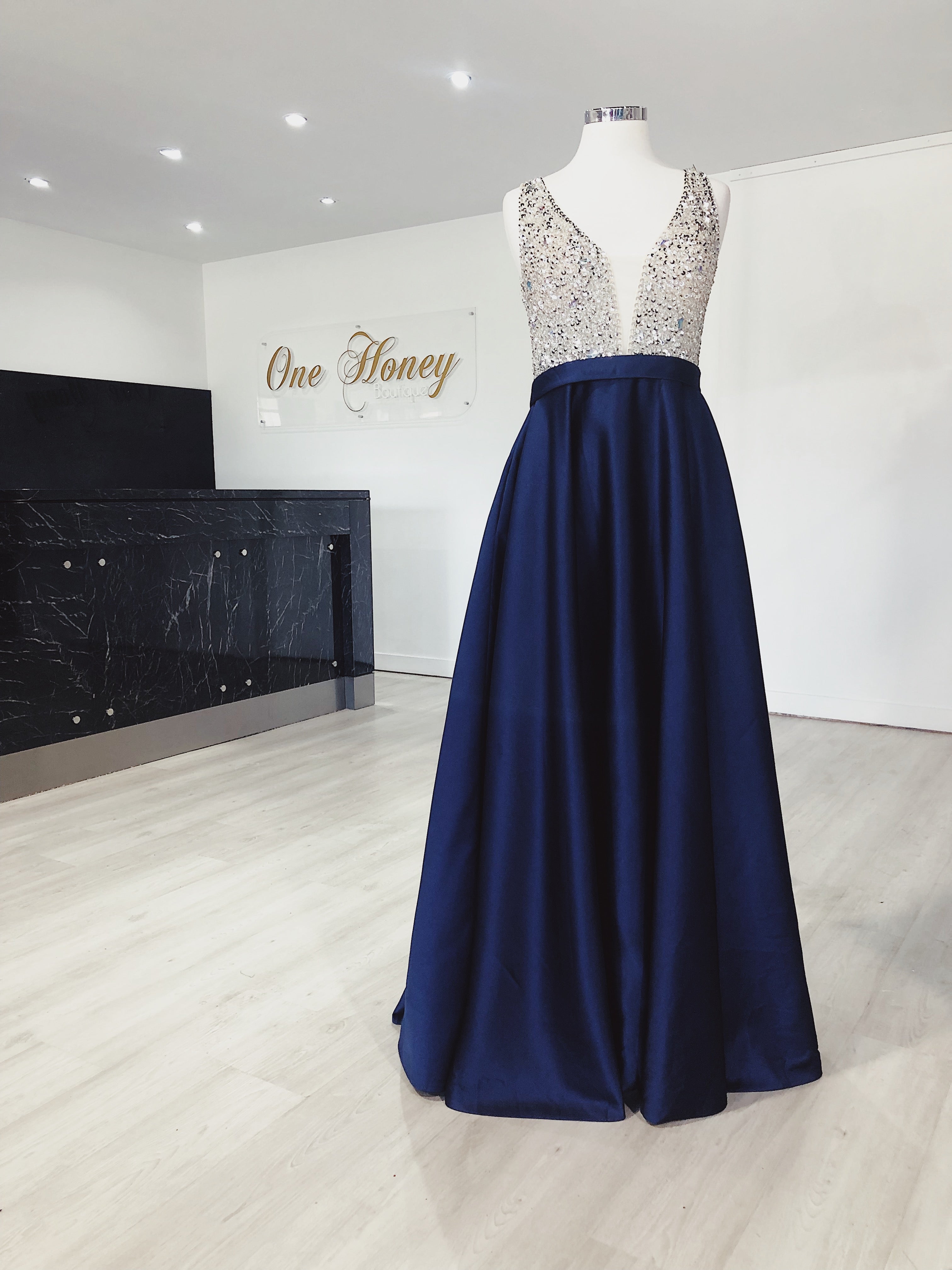 Honey Couture BROYN Silver Diamante Front Princess Ball Formal Gown Dress {vendor} AfterPay Humm ZipPay LayBuy Sezzle