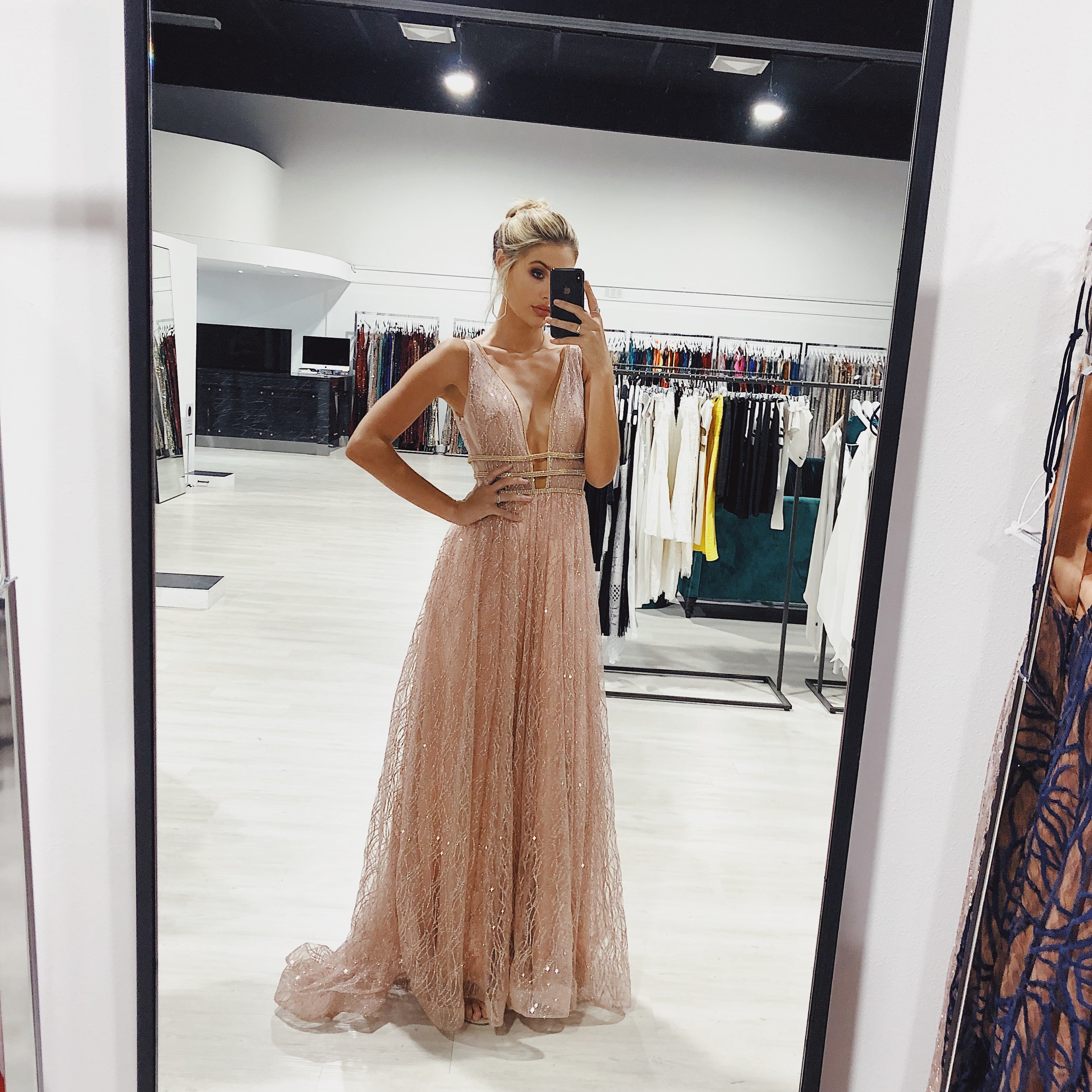 Honey Couture ENYA Rose Gold Glitter Formal Gown {vendor} AfterPay Humm ZipPay LayBuy Sezzle