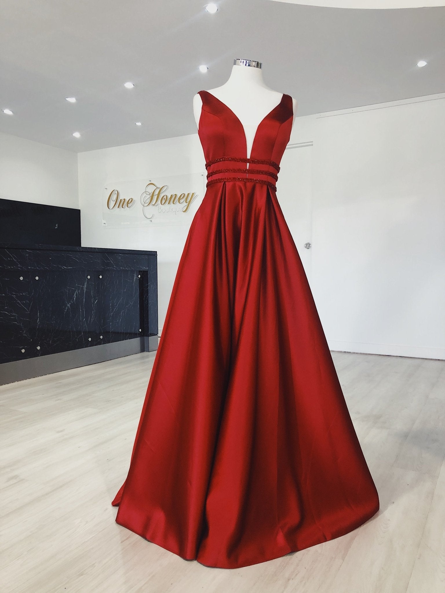 Honey Couture BRIHANNE Beaded Waist Full Skirt Formal Gown in Australia | One Honey Boutique
