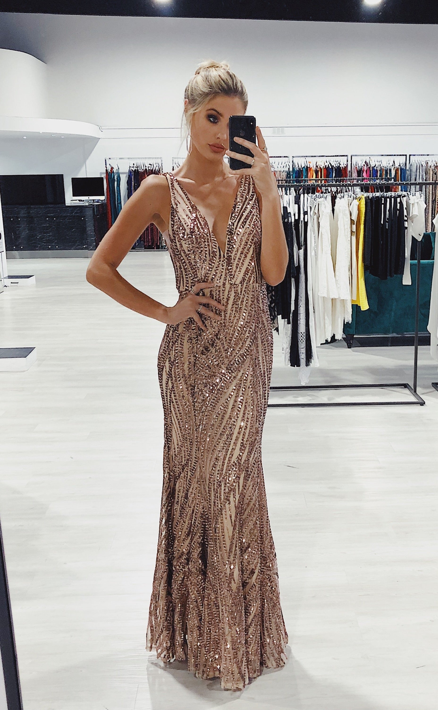 Honey Couture YASMIN Rose Gold Sequin Formal Gown {vendor} AfterPay Humm ZipPay LayBuy Sezzle