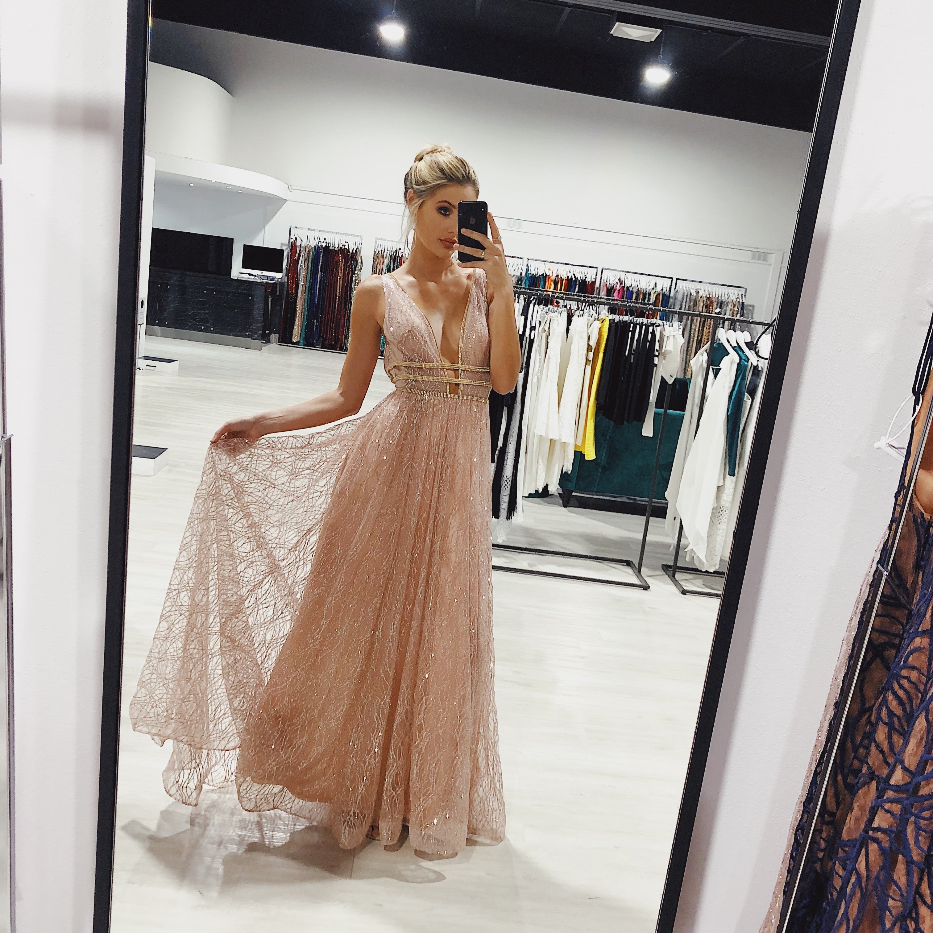 Honey Couture ENYA Rose Gold Glitter Formal Gown {vendor} AfterPay Humm ZipPay LayBuy Sezzle