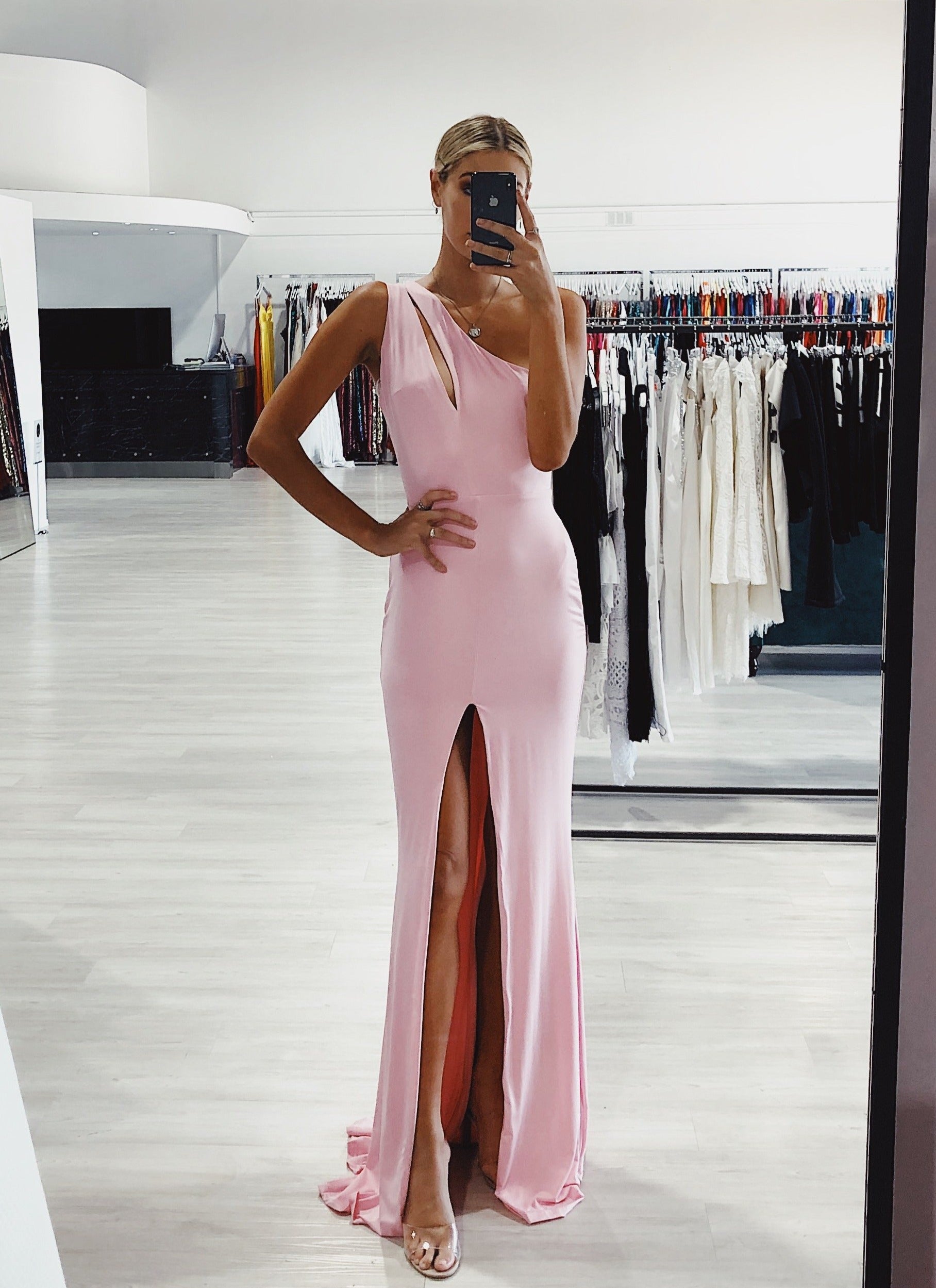 Honey Couture EVANGELINE Baby Pink One Shoulder Formal Dress {vendor} AfterPay Humm ZipPay LayBuy Sezzle