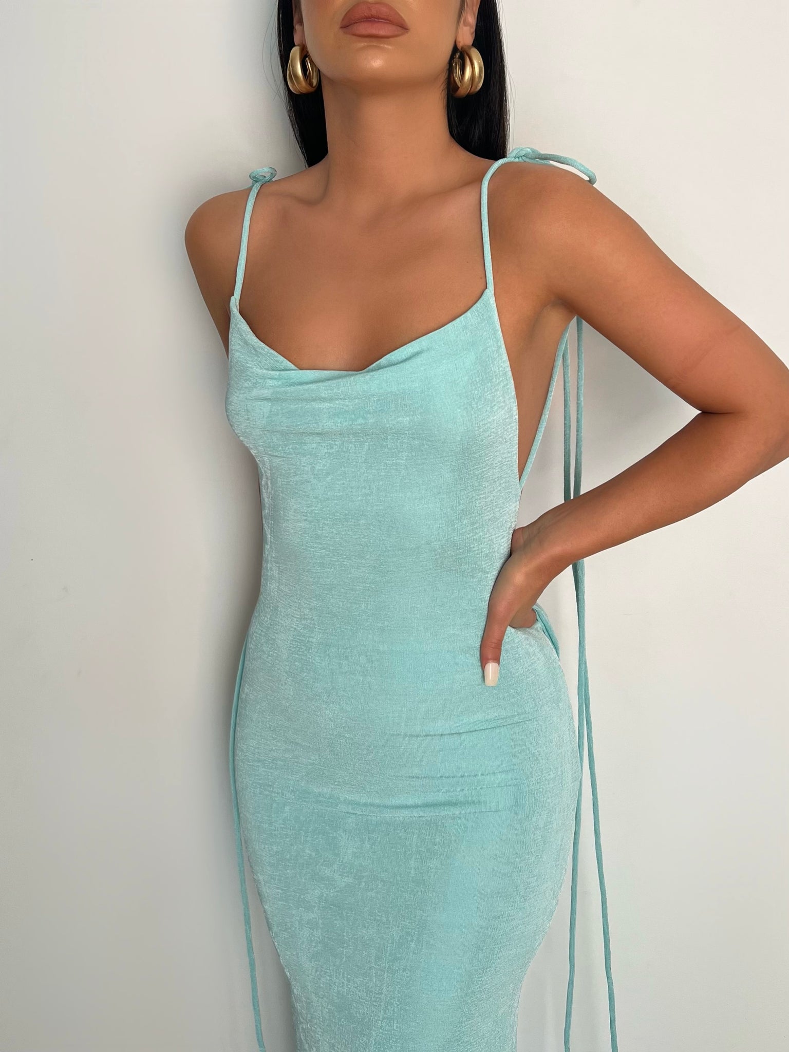 MÉLANI The Label CHRISTINA Drape Back Dress in AQUA