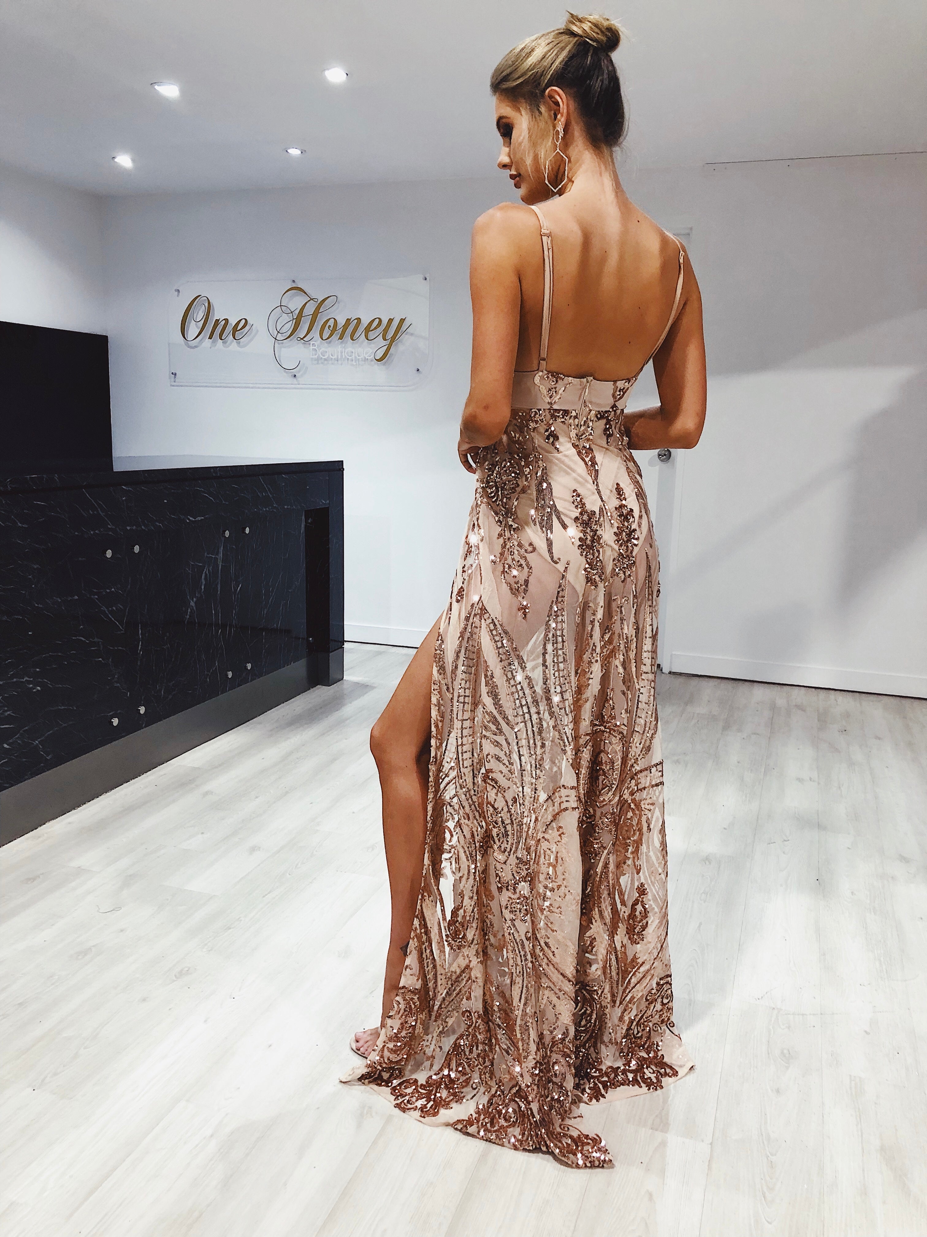 Honey Couture AZALIA Gold Split Front Sequin Formal Dress {vendor} AfterPay Humm ZipPay LayBuy Sezzle