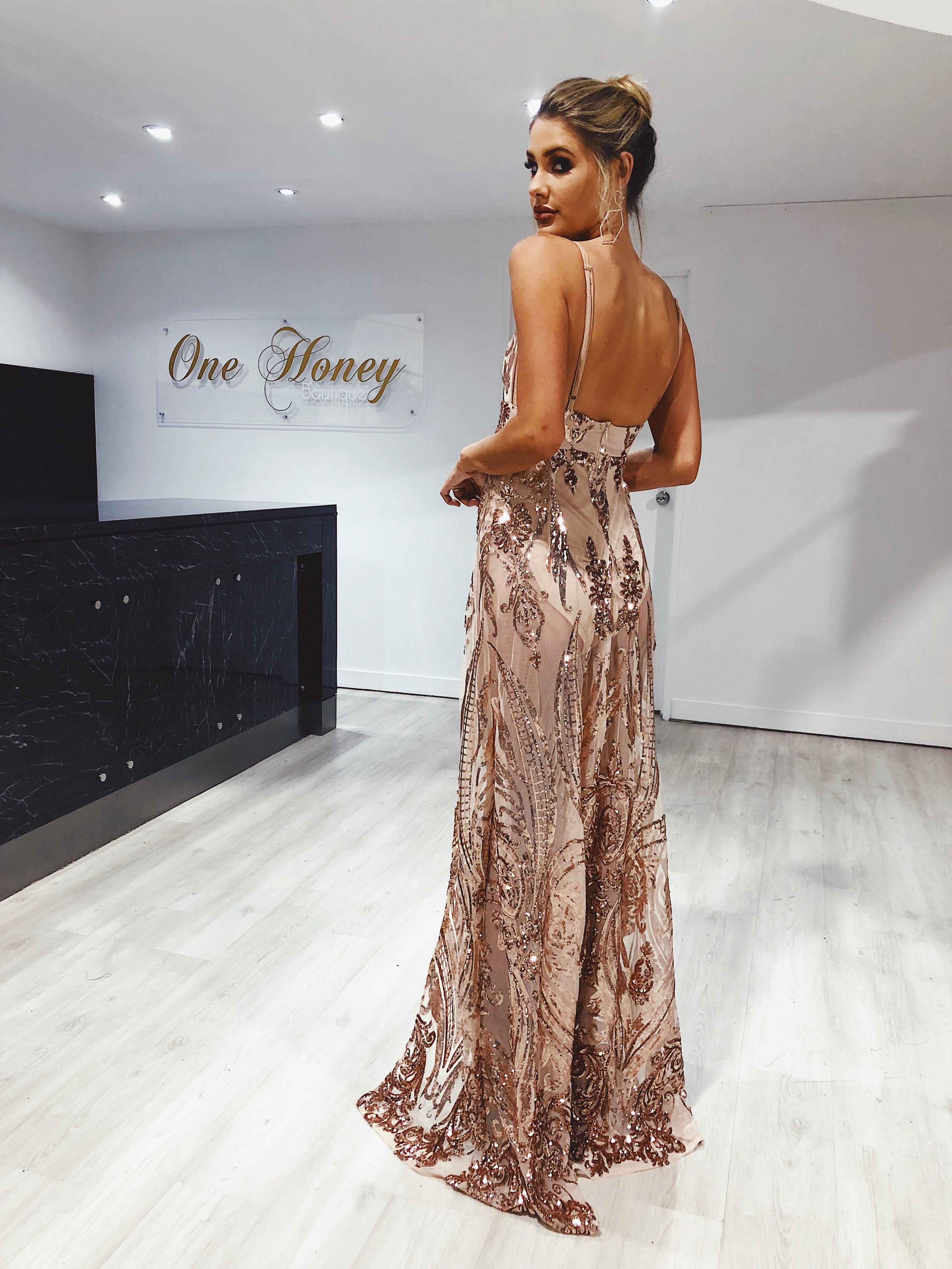 Honey Couture AZALIA Gold Split Front Sequin Formal Dress {vendor} AfterPay Humm ZipPay LayBuy Sezzle