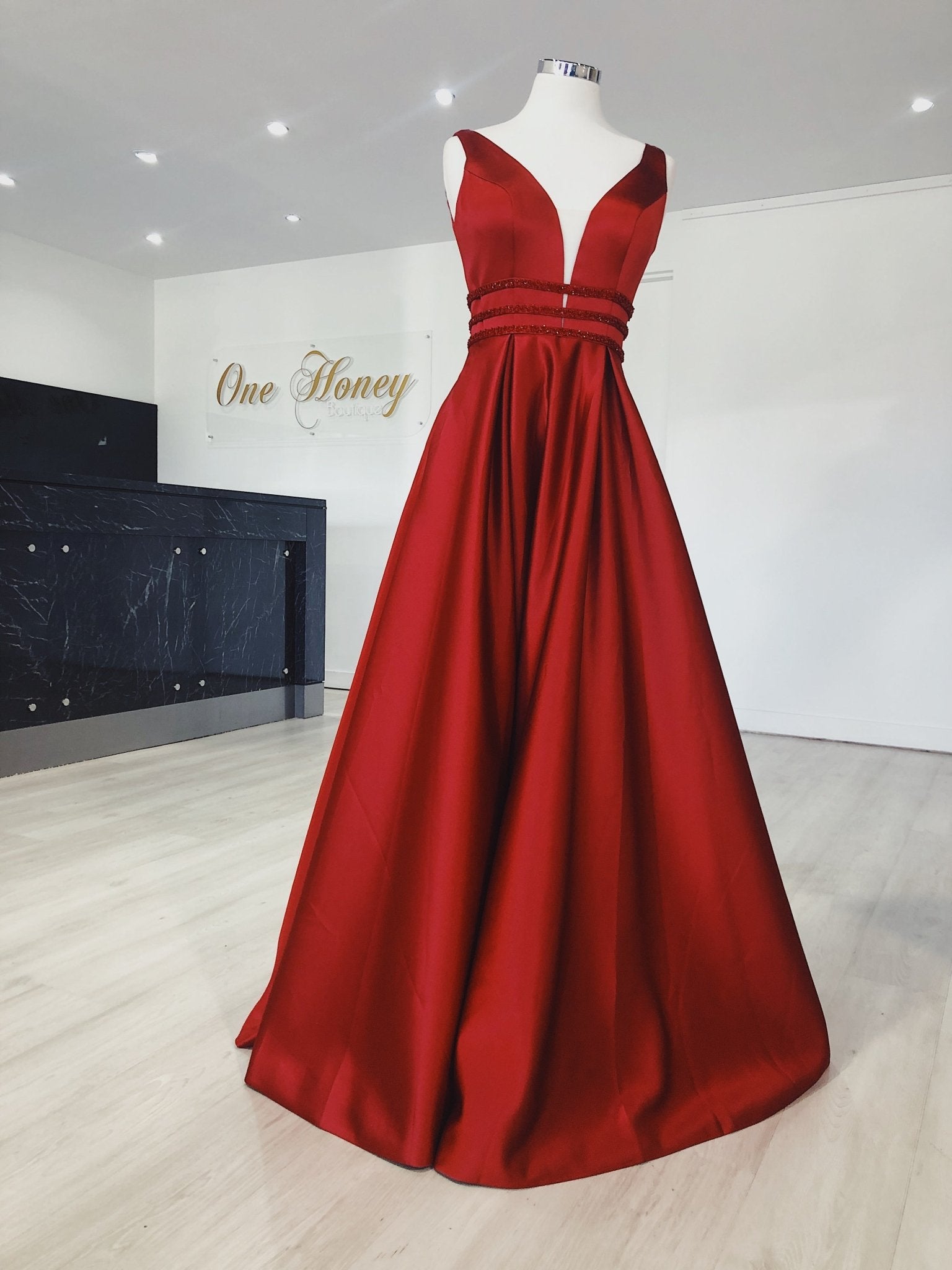 Honey Couture BRIHANNE Beaded Waist Full Skirt Formal Gown in Australia | One Honey Boutique