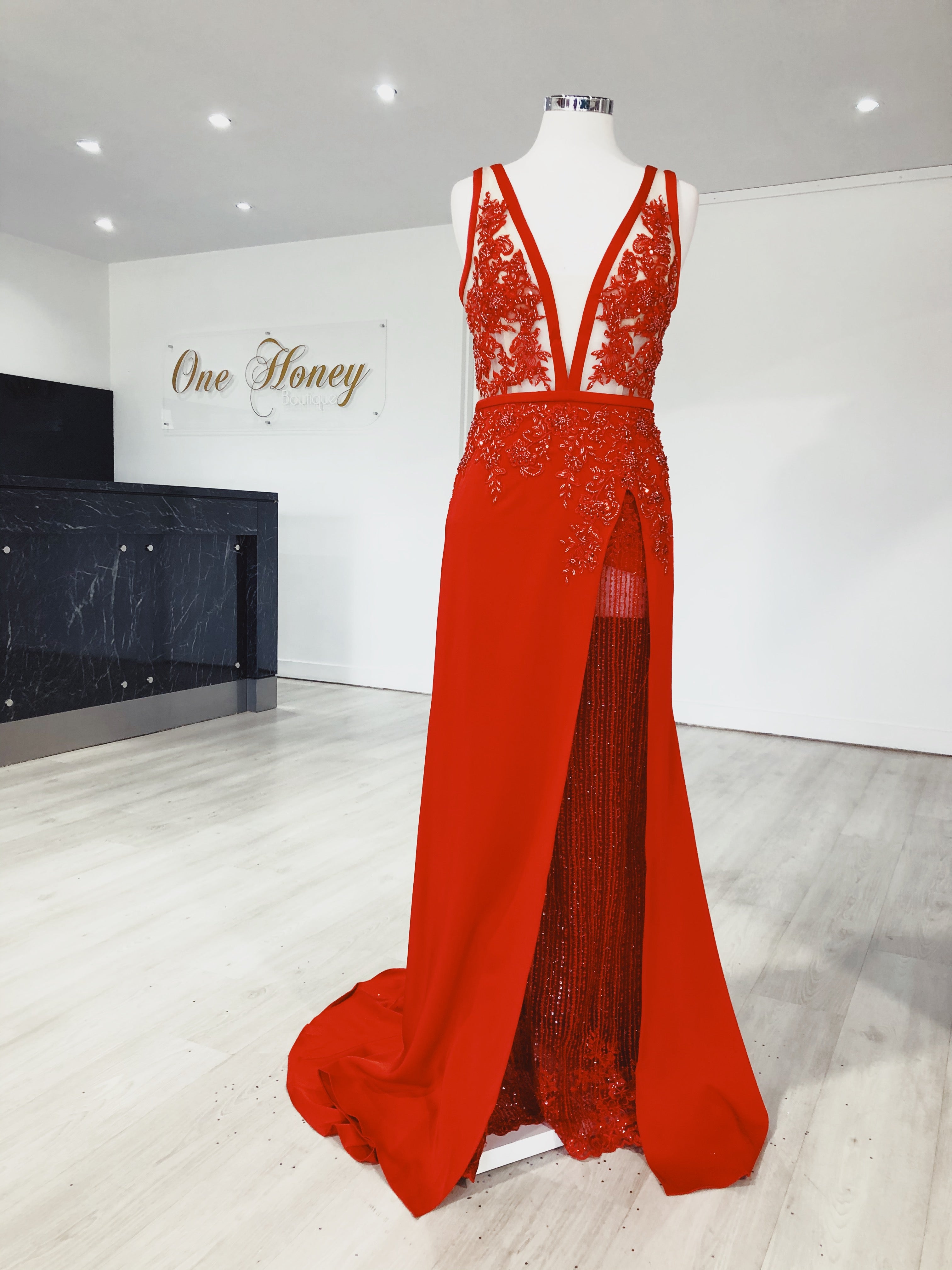 Honey Couture PATRICE Red Beaded Formal Gown Dress {vendor} AfterPay Humm ZipPay LayBuy Sezzle